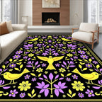 Yellow Birds Purple Flowers Black Background Rug