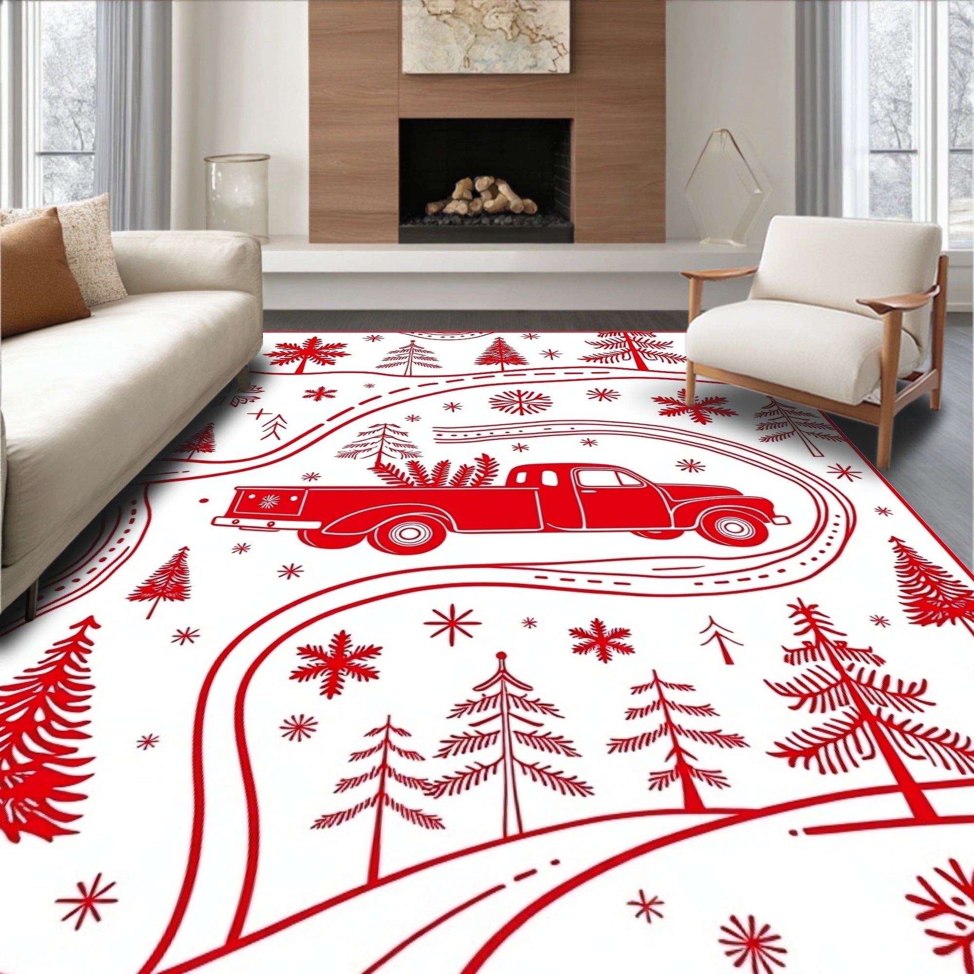 Crimson Truck Christmas Tree Meadow Rug