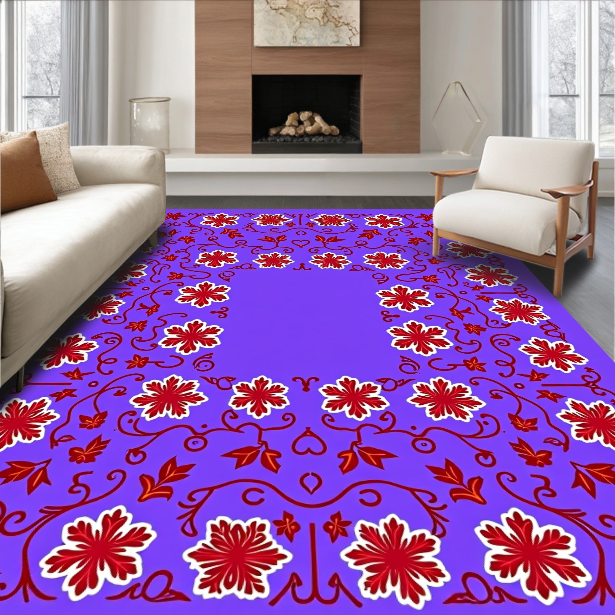 Violet Crimson Floral Vine Intricate Rug