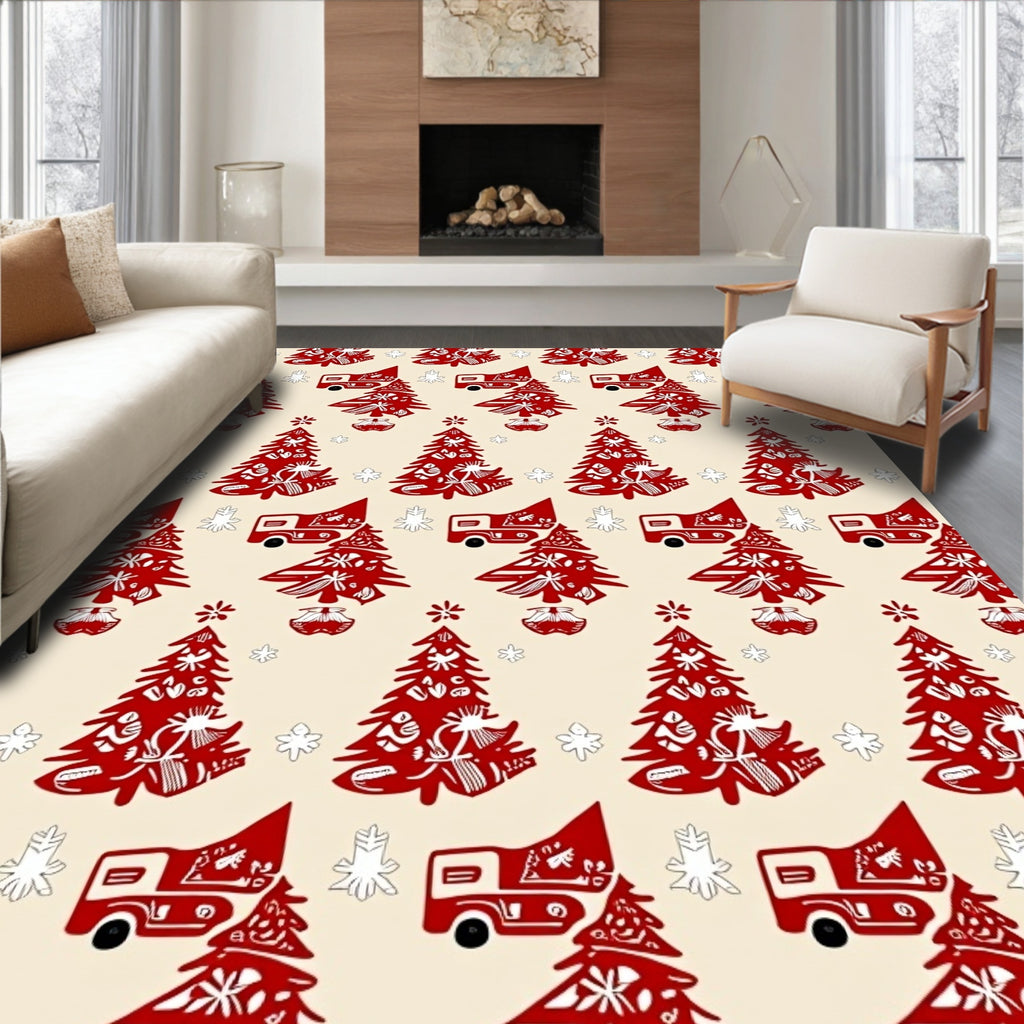 Red Christmas Trees and Cars Rug
