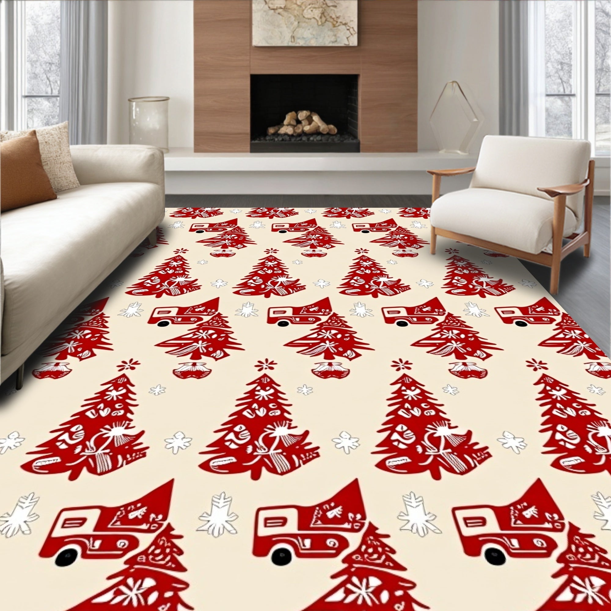 Red Christmas Trees and Cars Rug