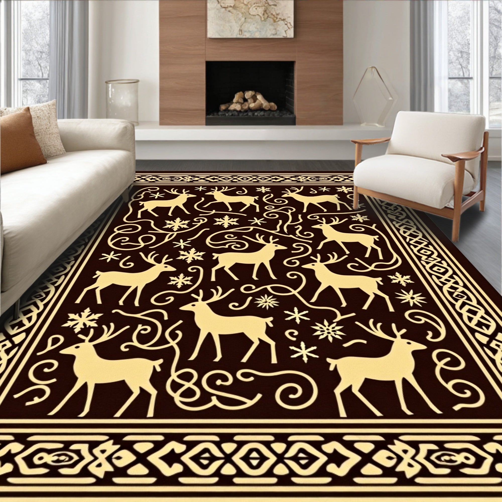 Golden Deer Snowflake Border Rug