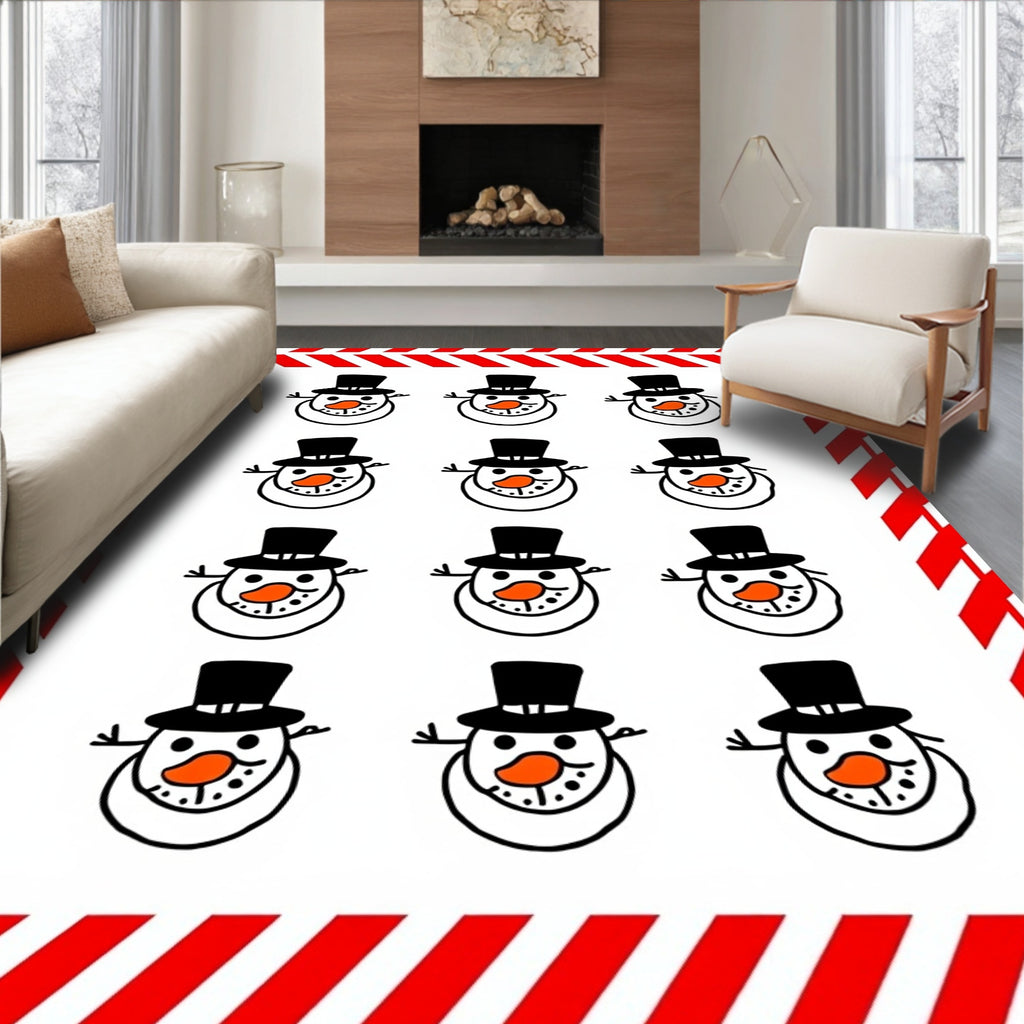 Whimsical Snowman Family Red Stripe Border Rug