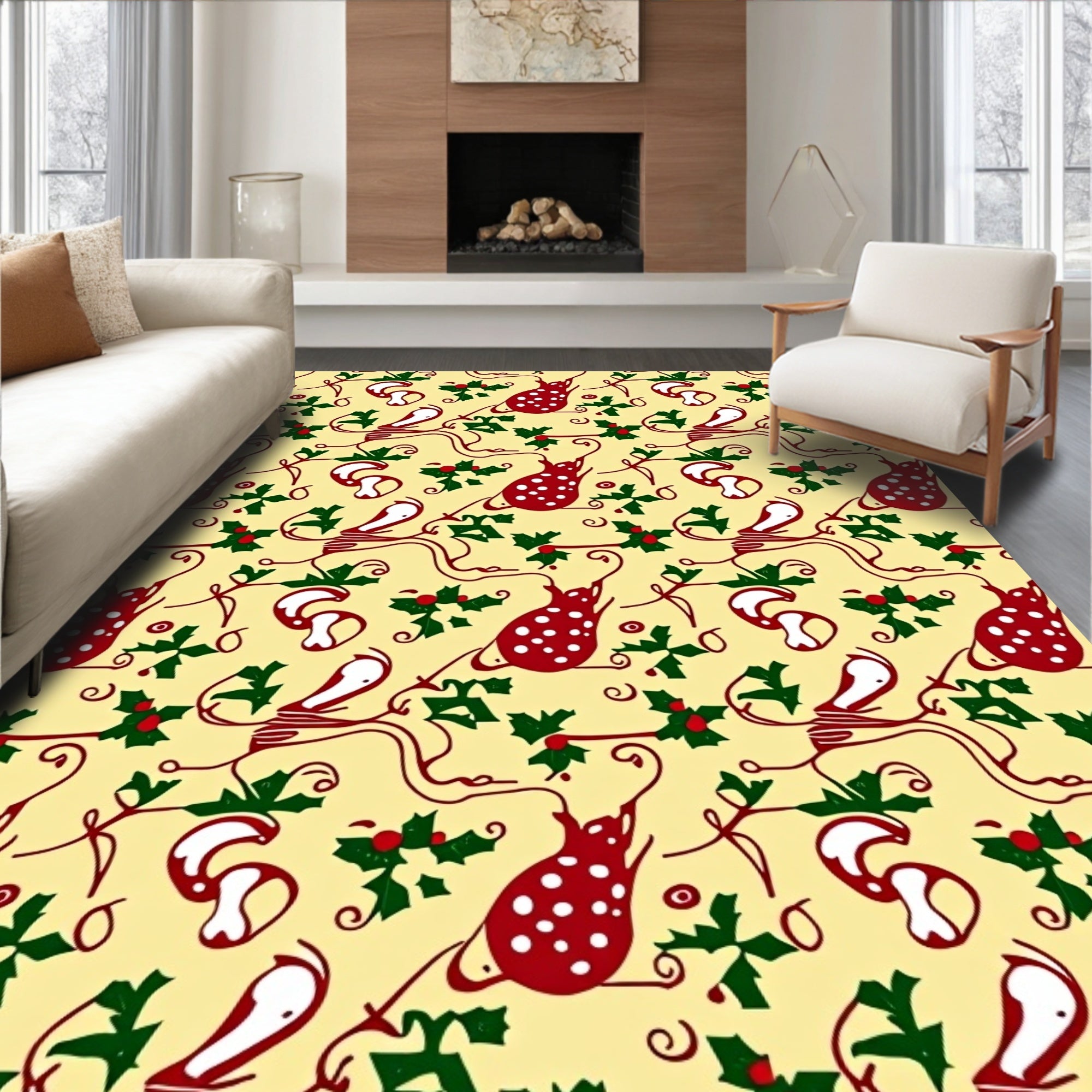 Cream Red White Holly Sprig Rug