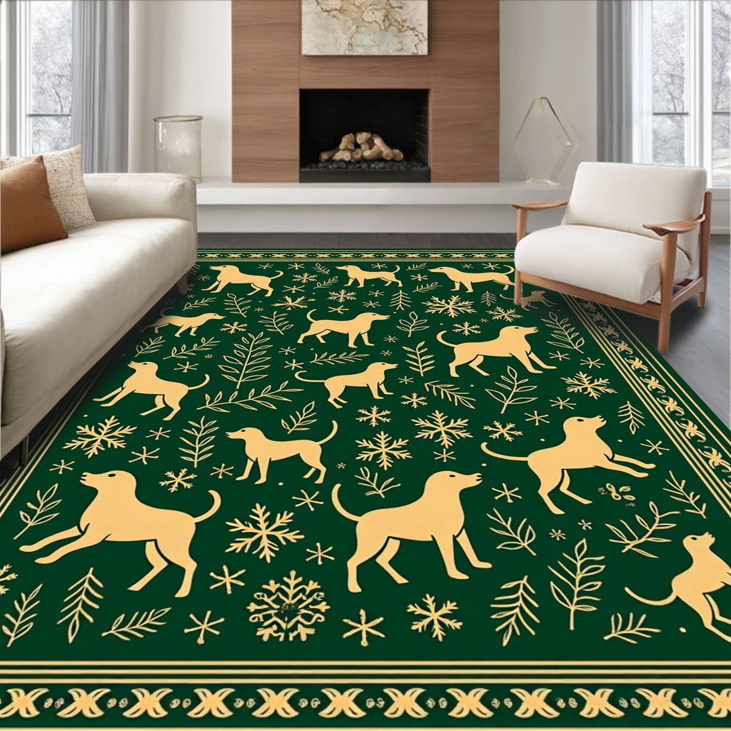 Golden Dogs and Snowflakes on Green Rug