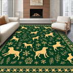 Golden Dogs and Snowflakes on Green Rug