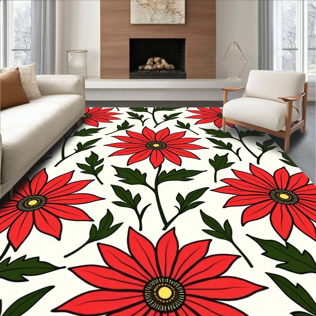 Vivid Red Daisy Floral Branches Rug