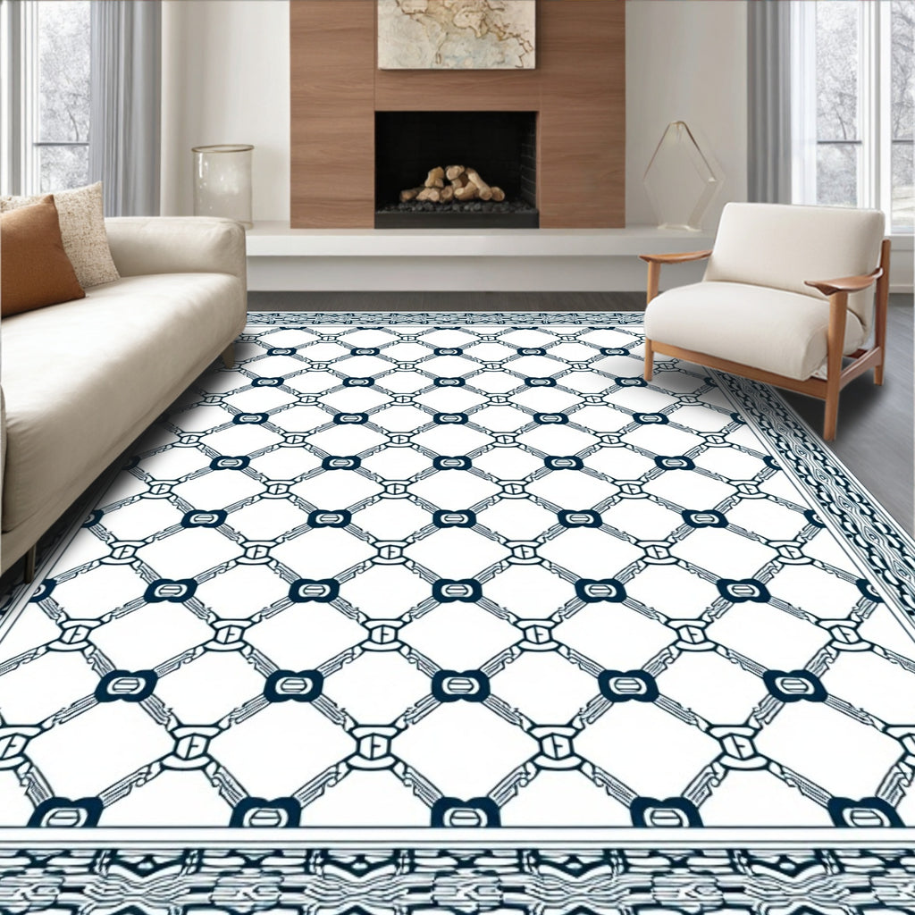 Navy Geometric Chain Link Grid Rug