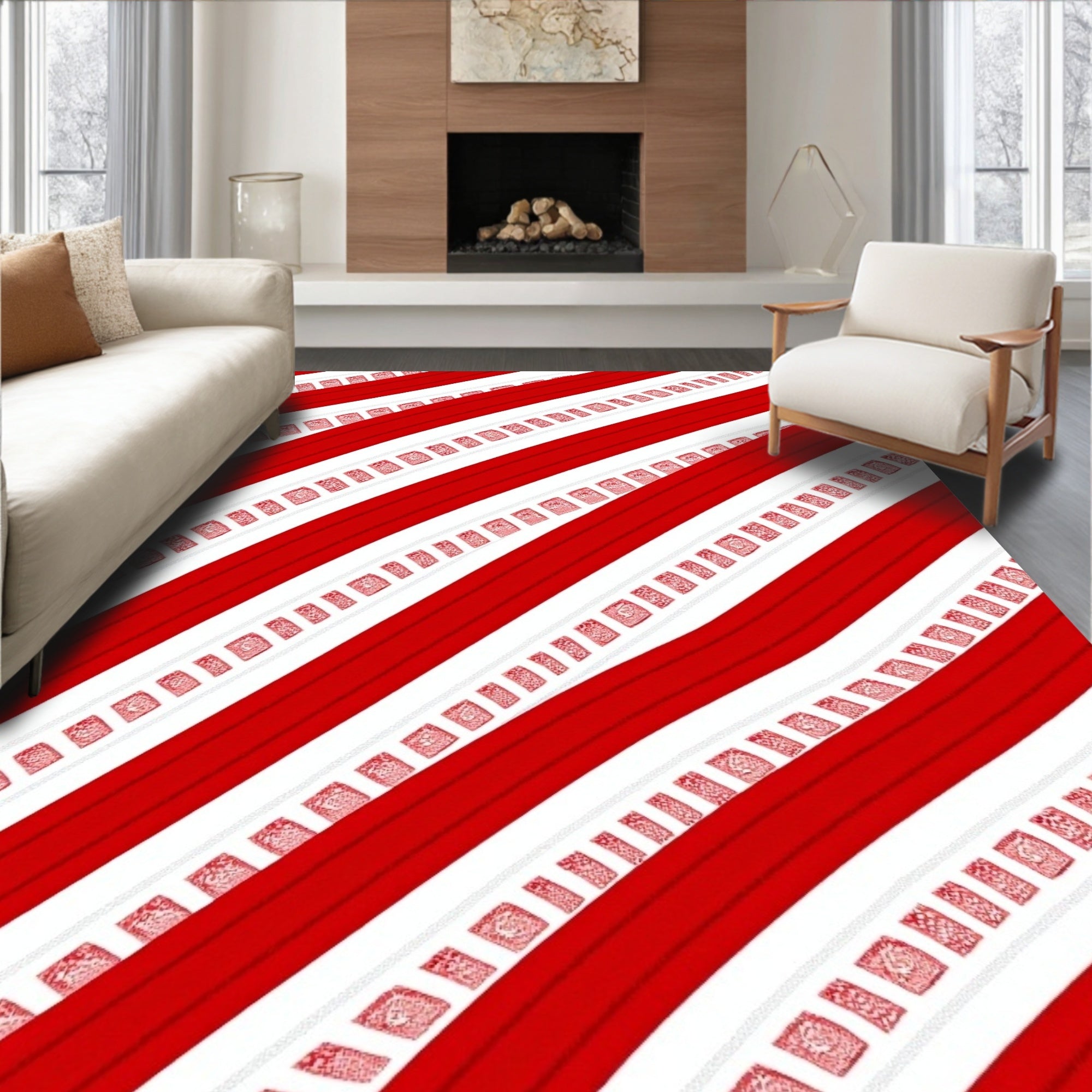 Crimson White Striped Square Collage Rug