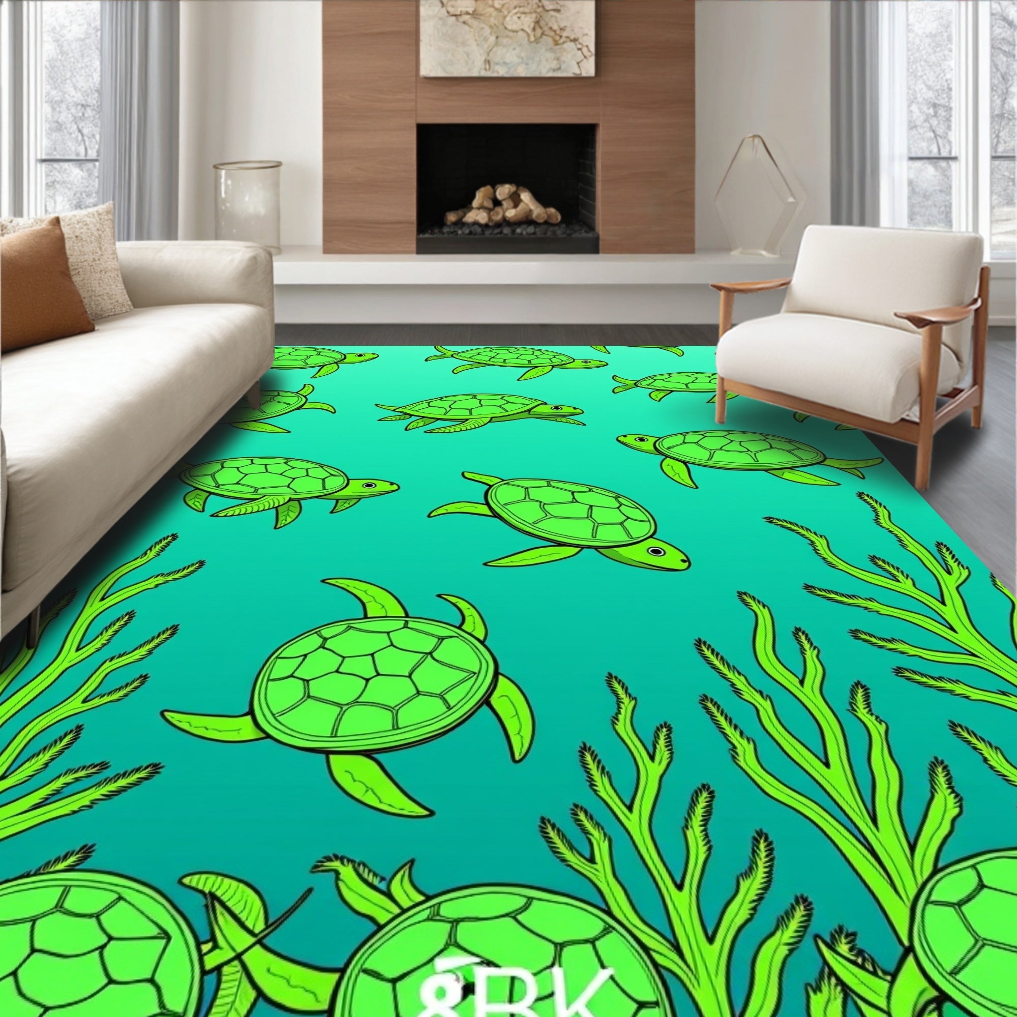 Green Sea Turtles Ocean Foliage Art Rug