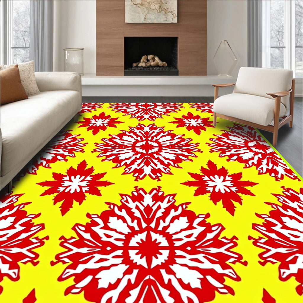 Vibrant Red White Floral Sunburst Rug