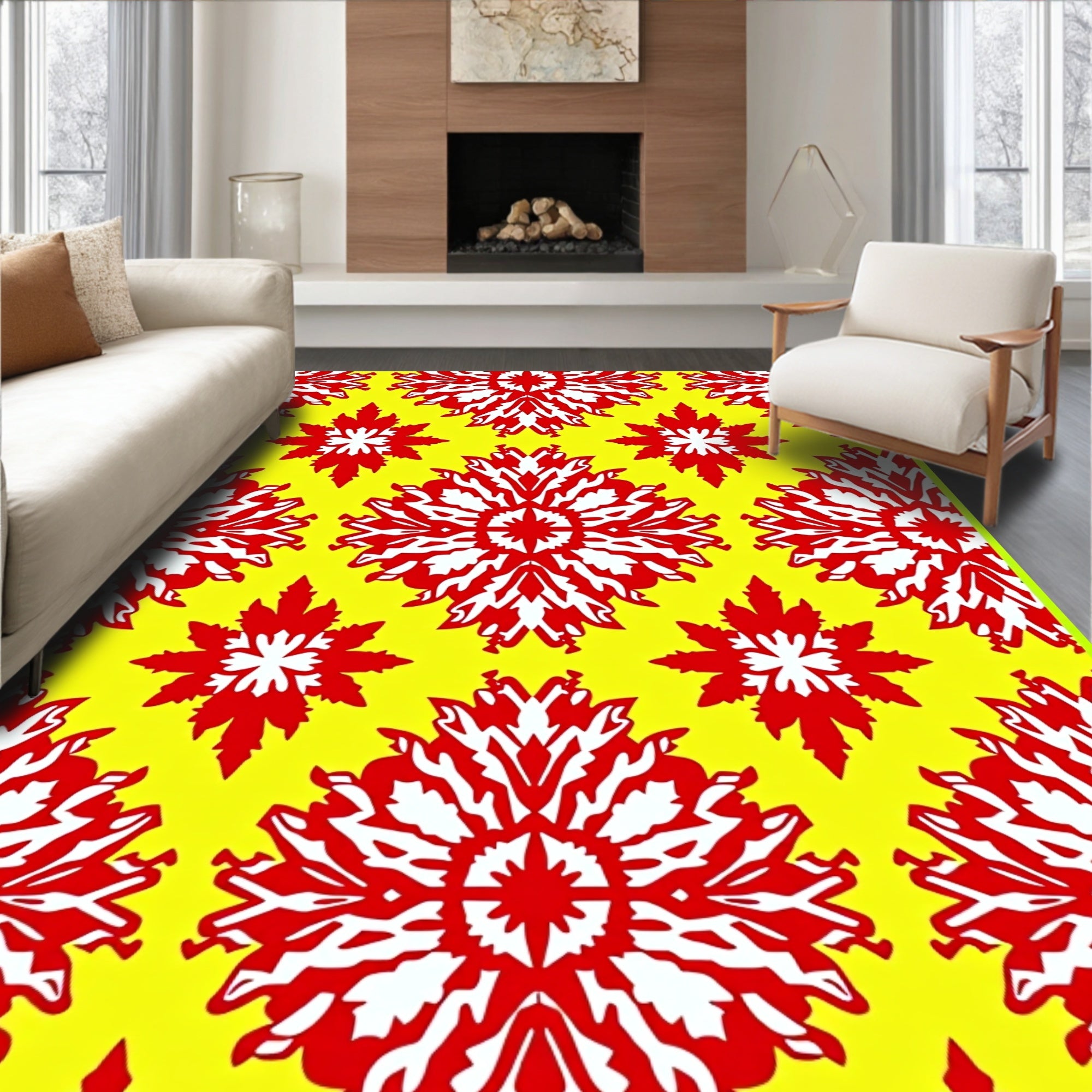 Vibrant Red White Floral Sunburst Rug