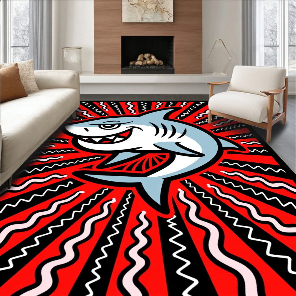 Grinning Blue Shark Red Radial Waves Rug