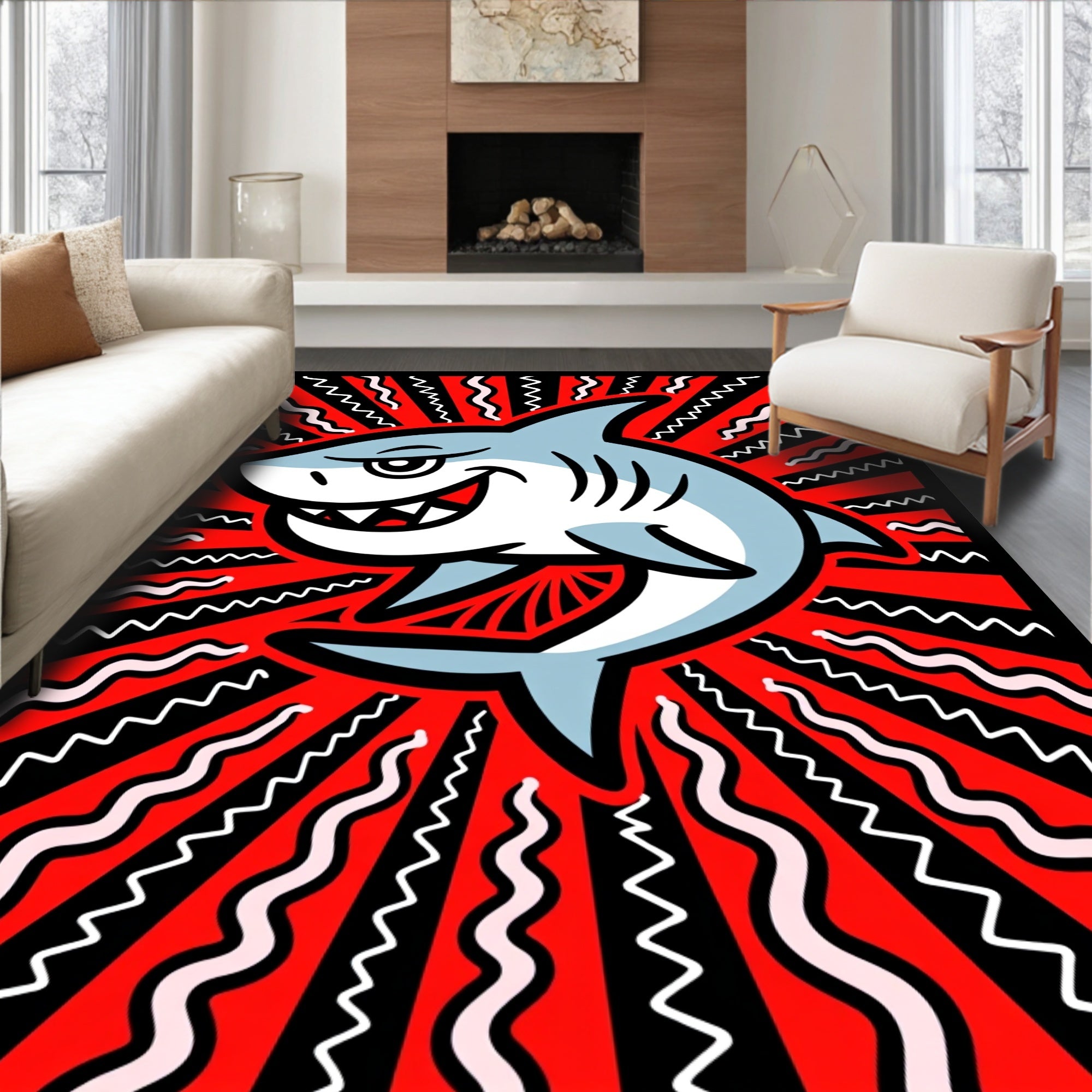 Grinning Blue Shark Red Radial Waves Rug