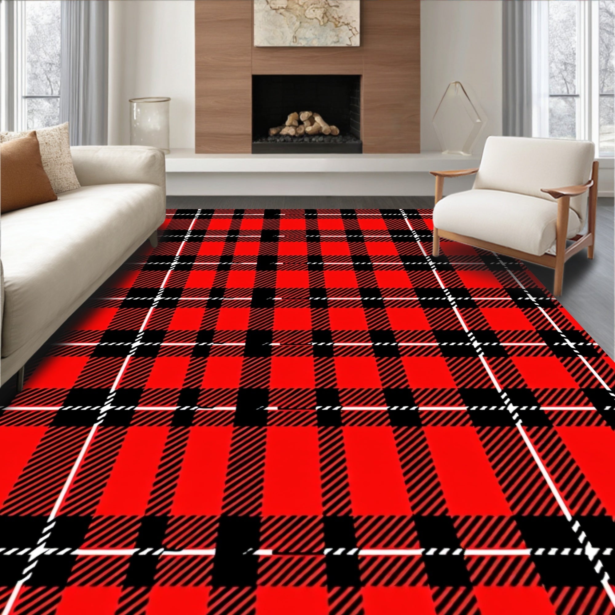 Crimson Black White Plaid Check Rug