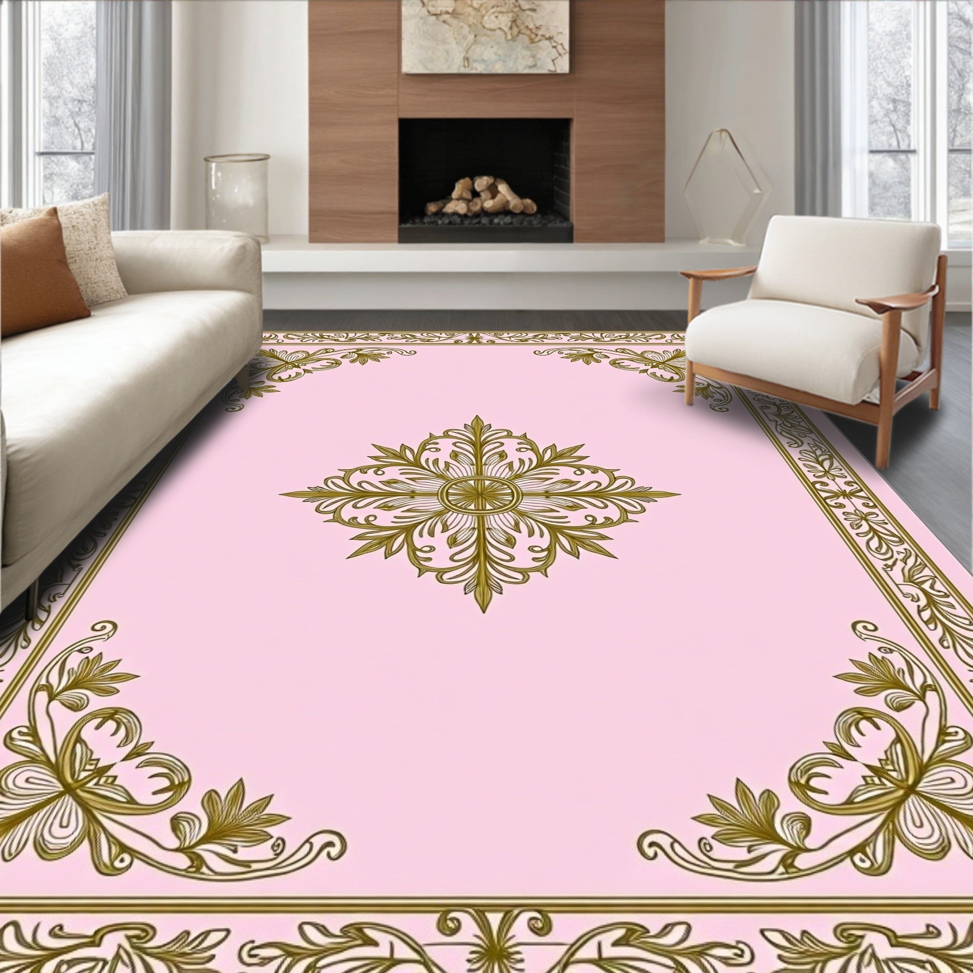 Ornate Pink Gold Floral Medallion Rug