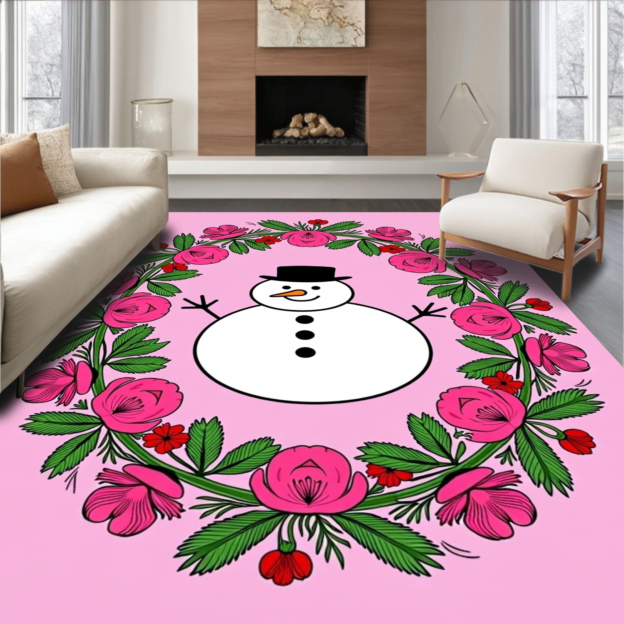 Pink Floral Snowman Wreath Rug