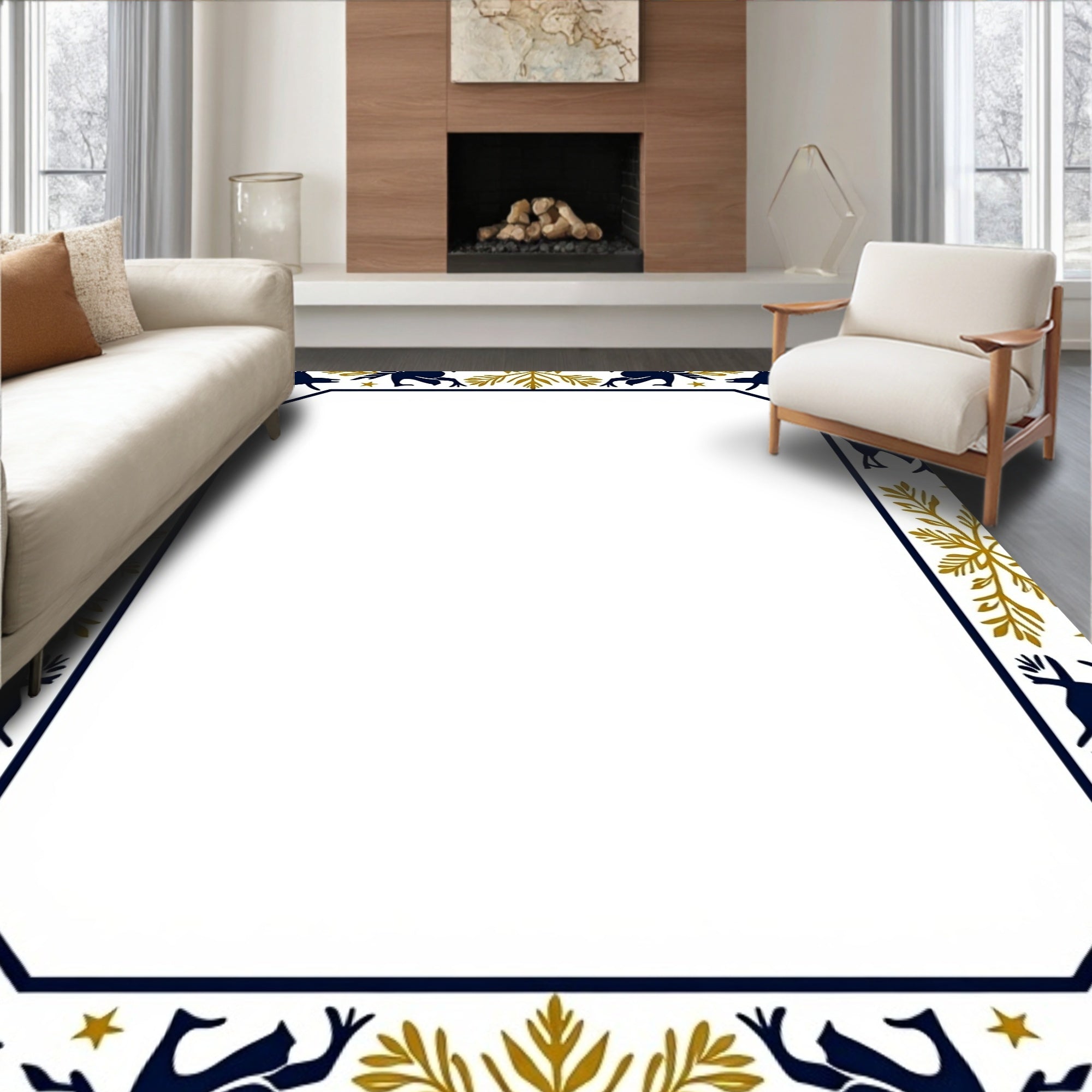 Navy Golden Deer Border Rug