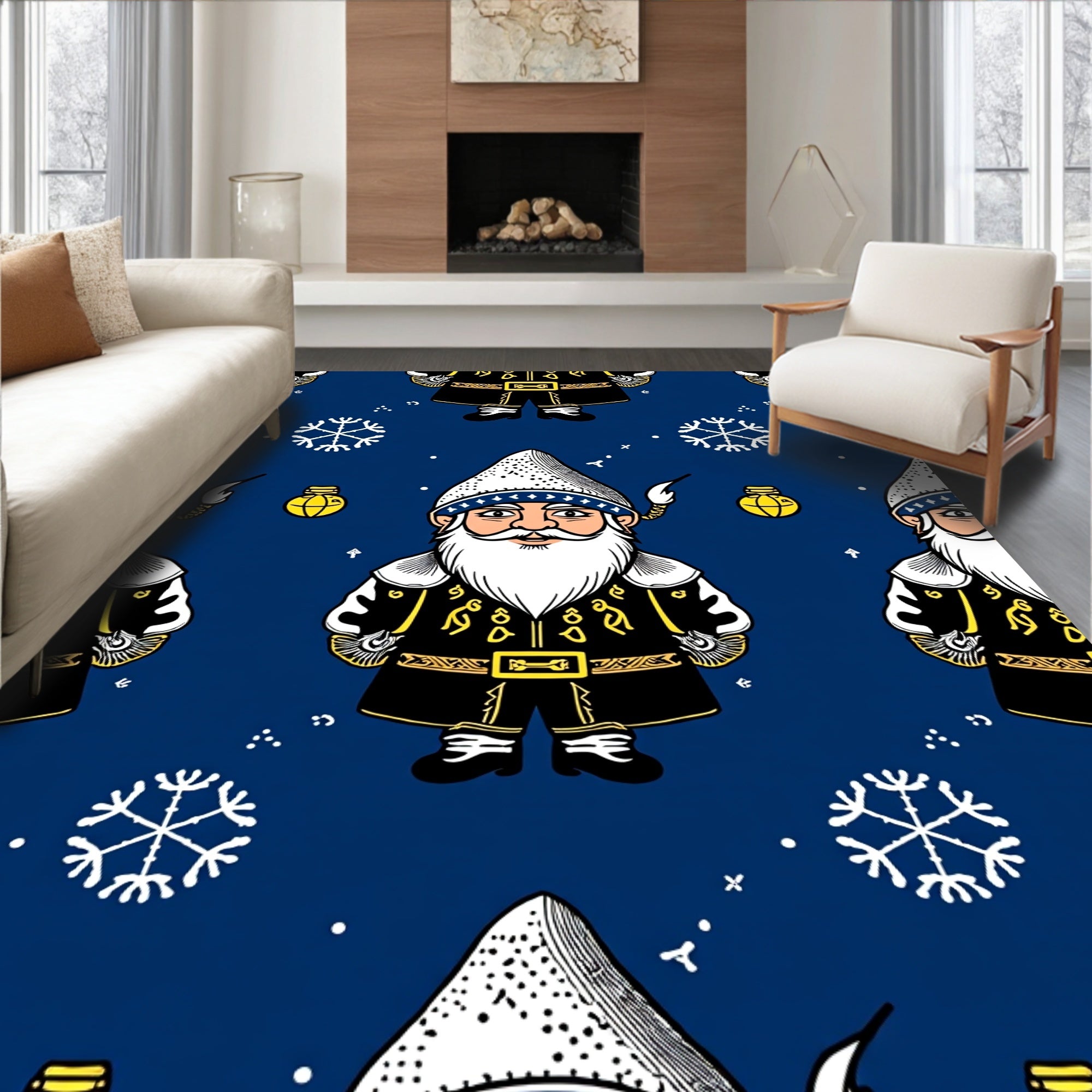Whimsical Blue Santa Claus Snowflakes Rug
