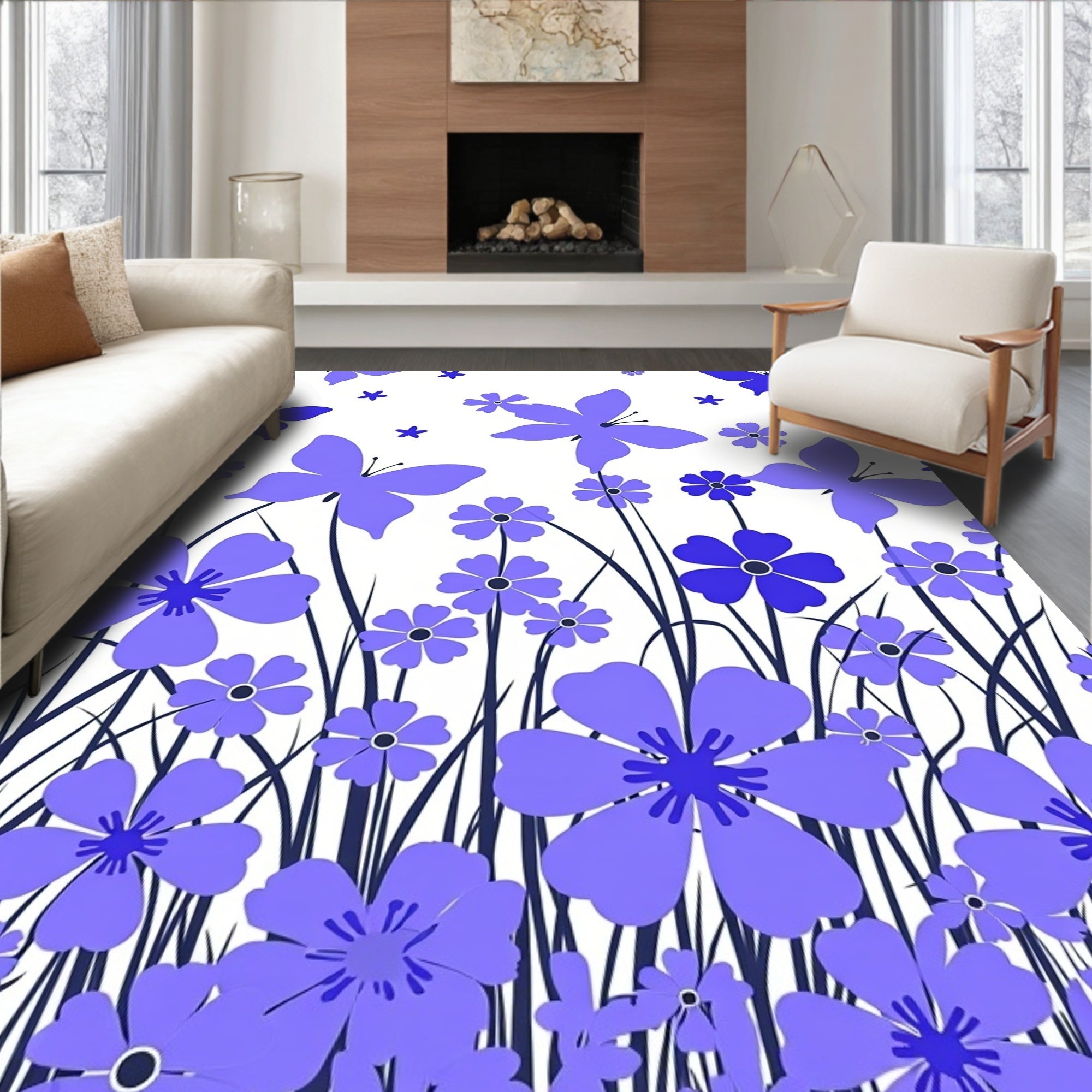 Violet Butterflies And Flowers Field Rug