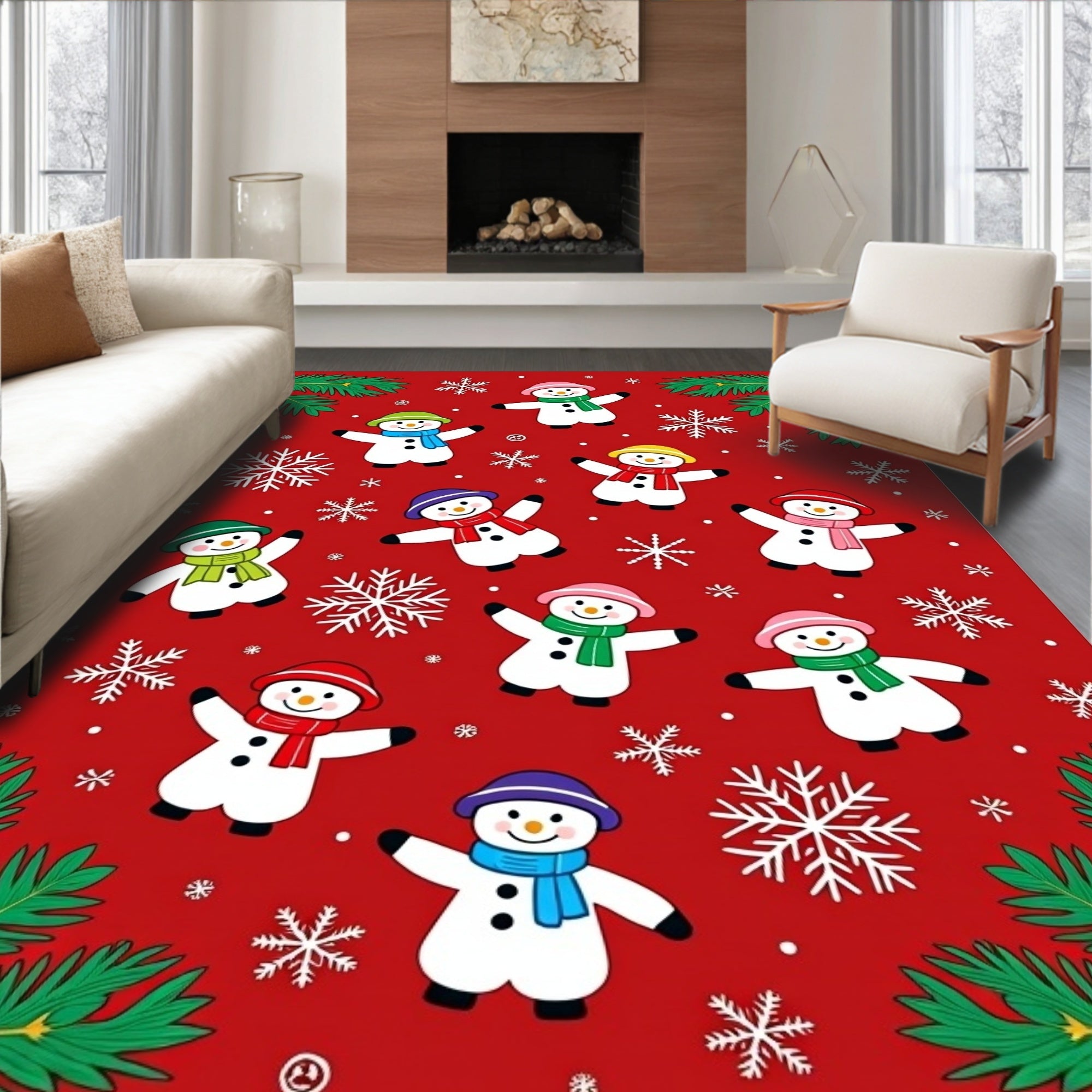 Cheerful Snowman Christmas Snowflakes Rug