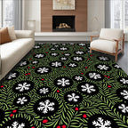 Winter Black Snowflake Green Berry Rug