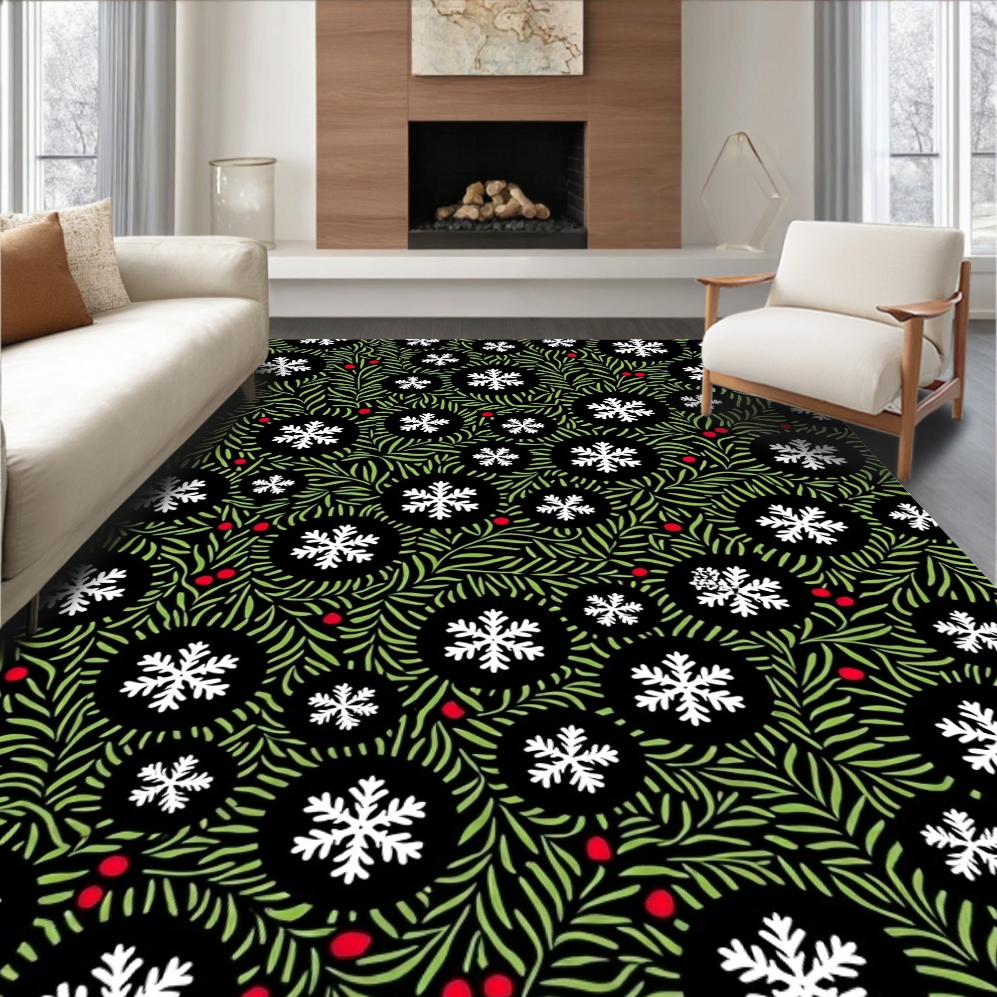 Winter Black Snowflake Green Berry Rug