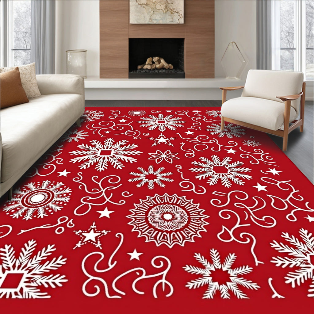 Crimson White Winter Snowflake Medallion Rug