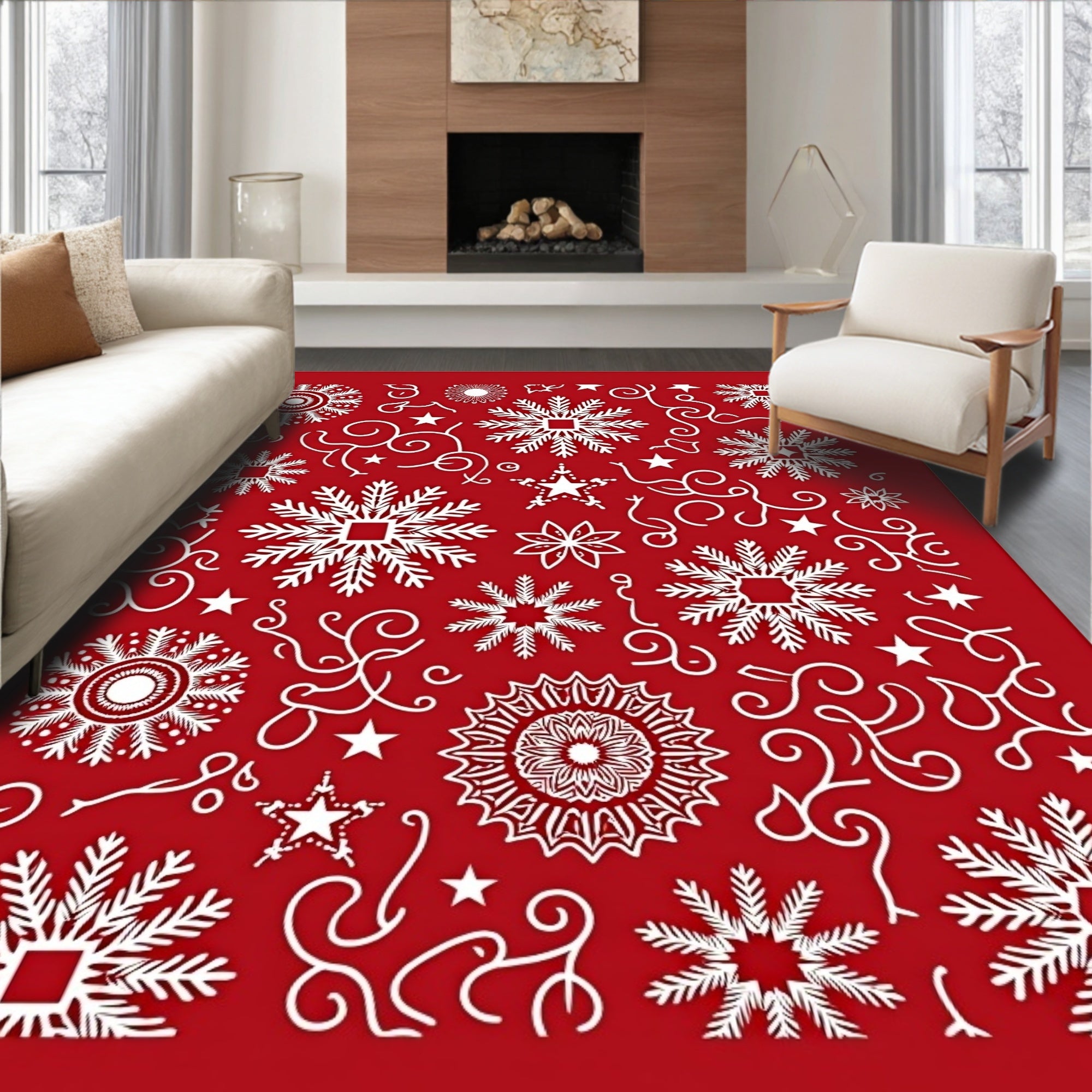 Crimson White Winter Snowflake Medallion Rug