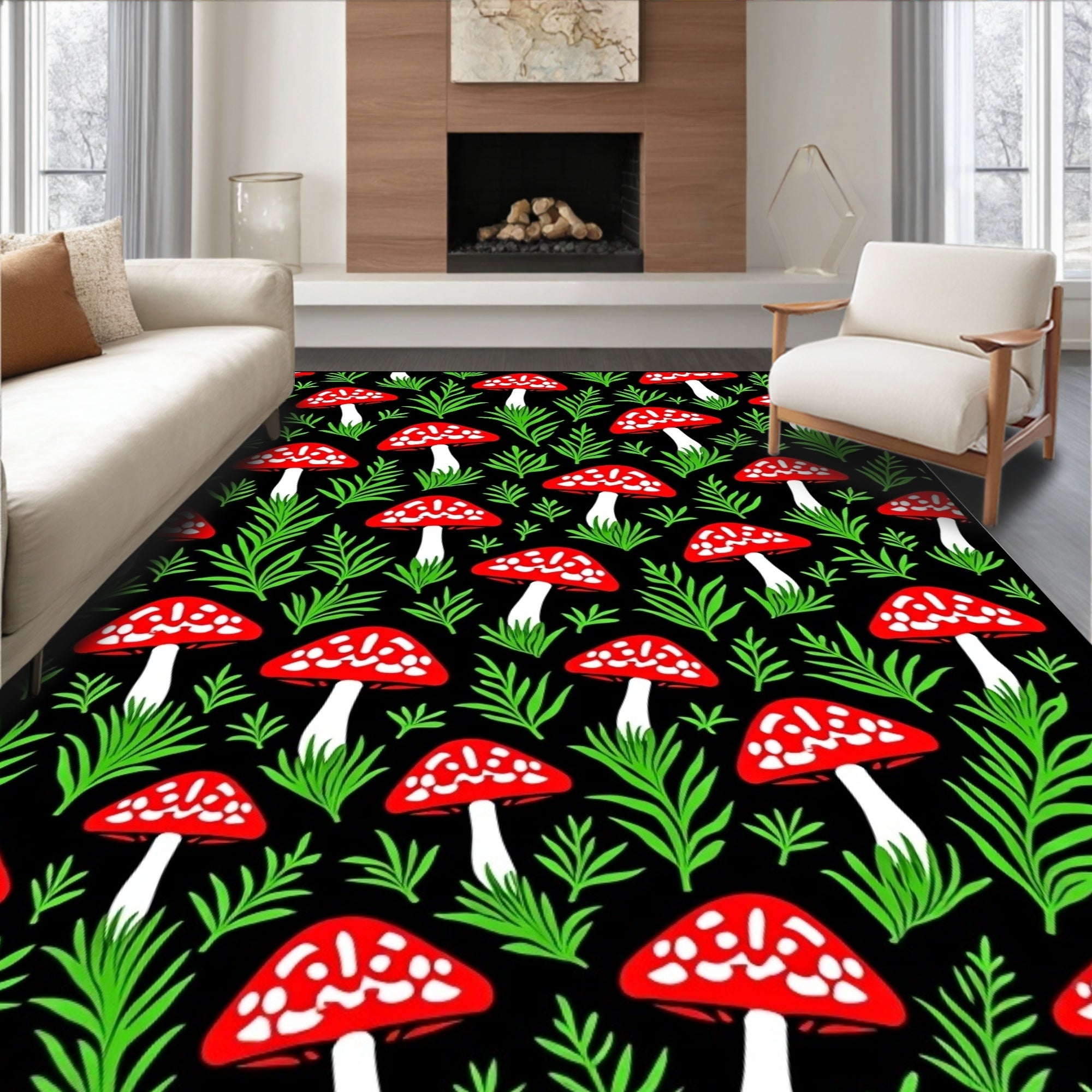 Whimsical Red Mushroom Forest Garden Rug