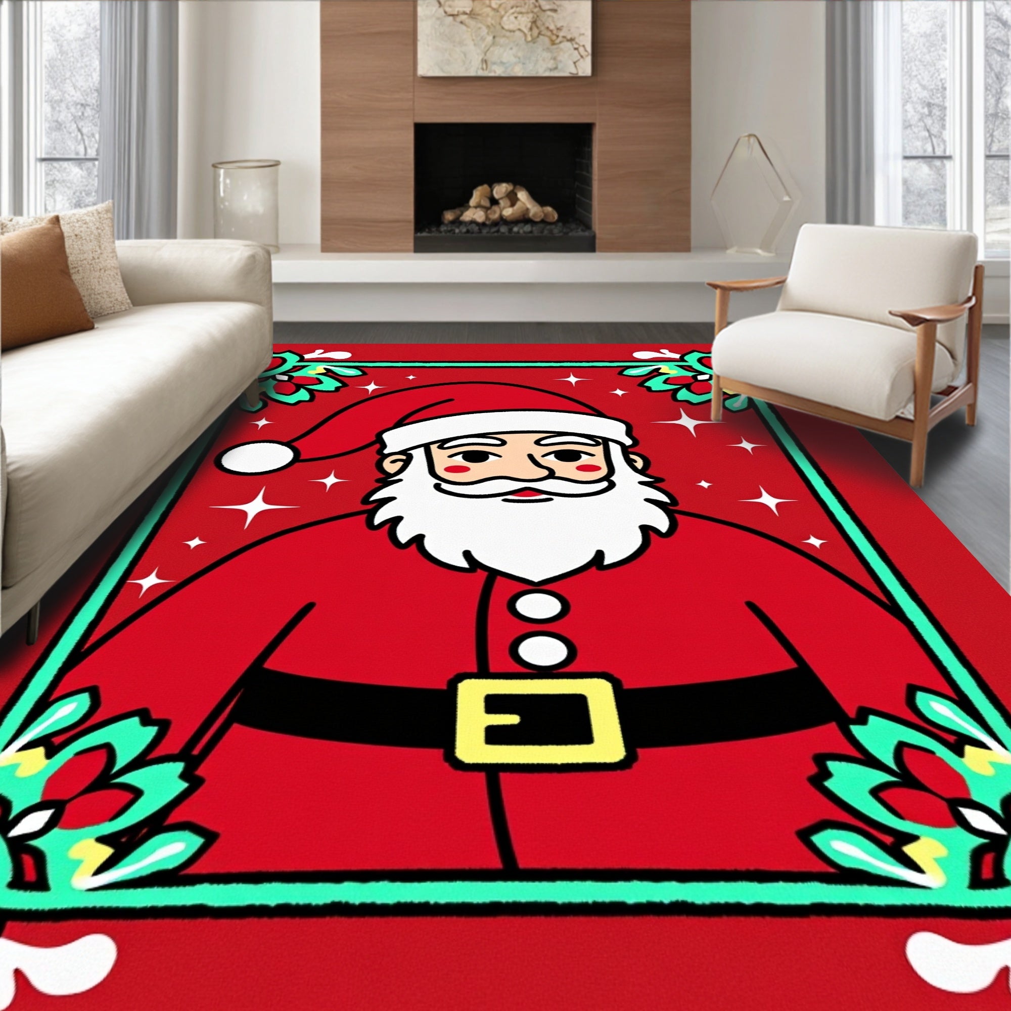 Festive Red Santa Claus Glimmering Stars Rug