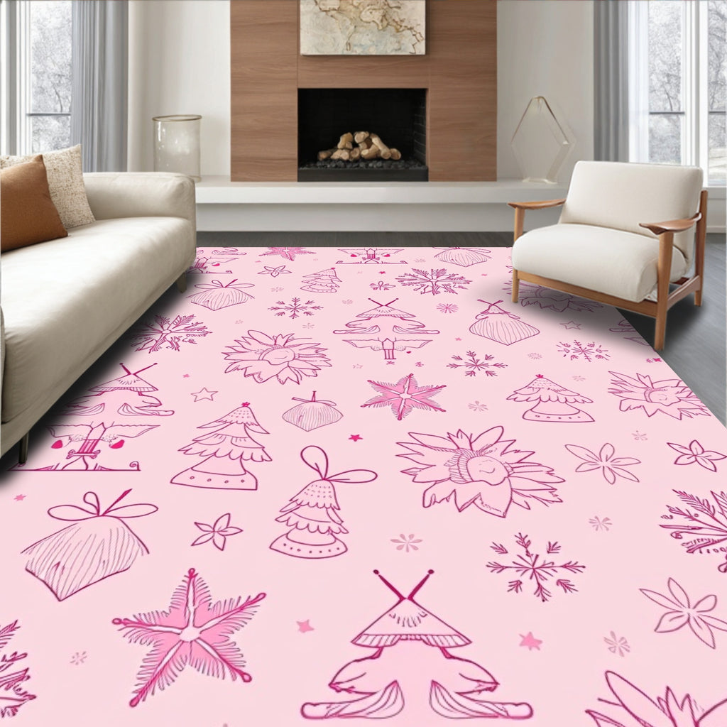 Pink Festive Christmas Trees Snowflakes Bells Rug