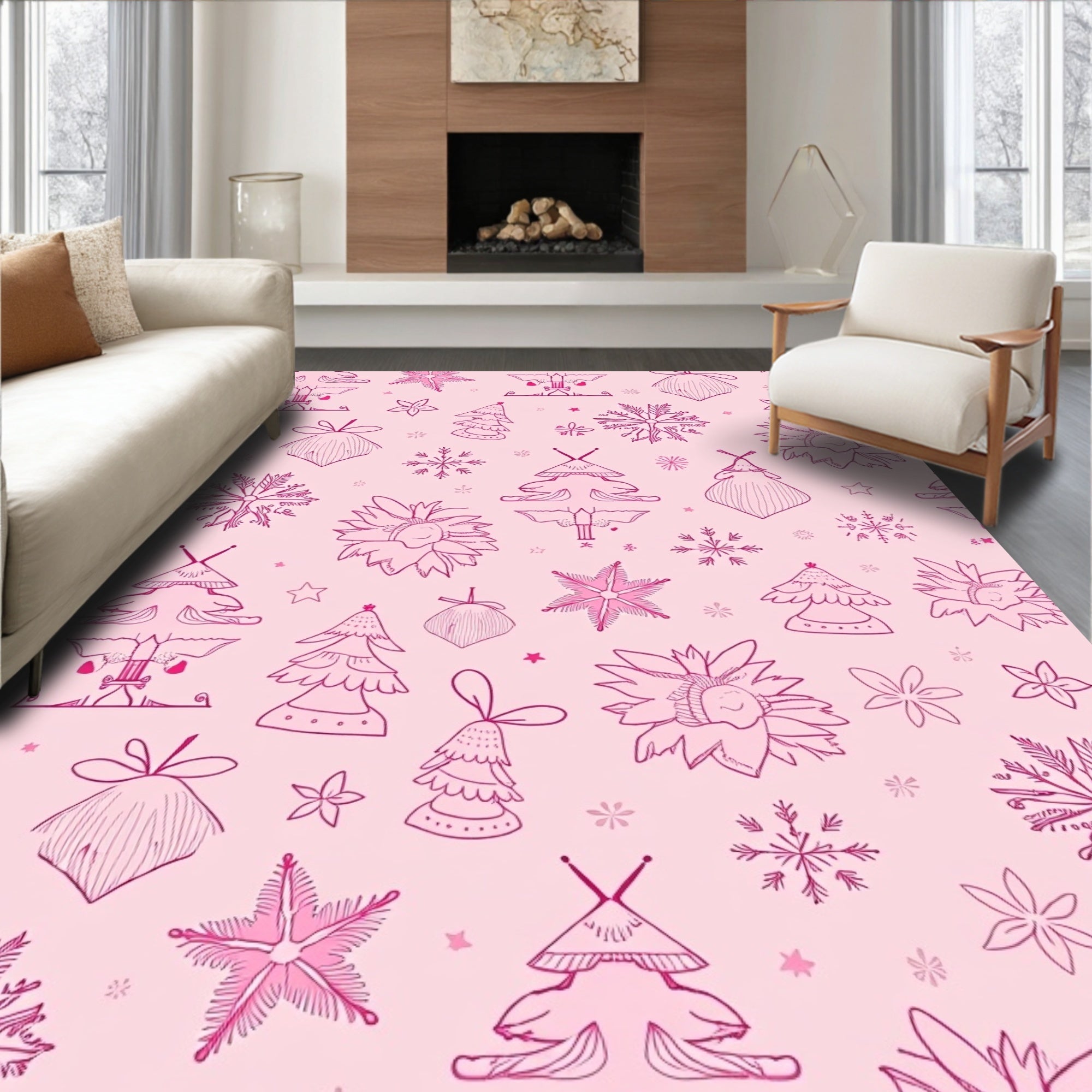 Pink Festive Christmas Trees Snowflakes Bells Rug