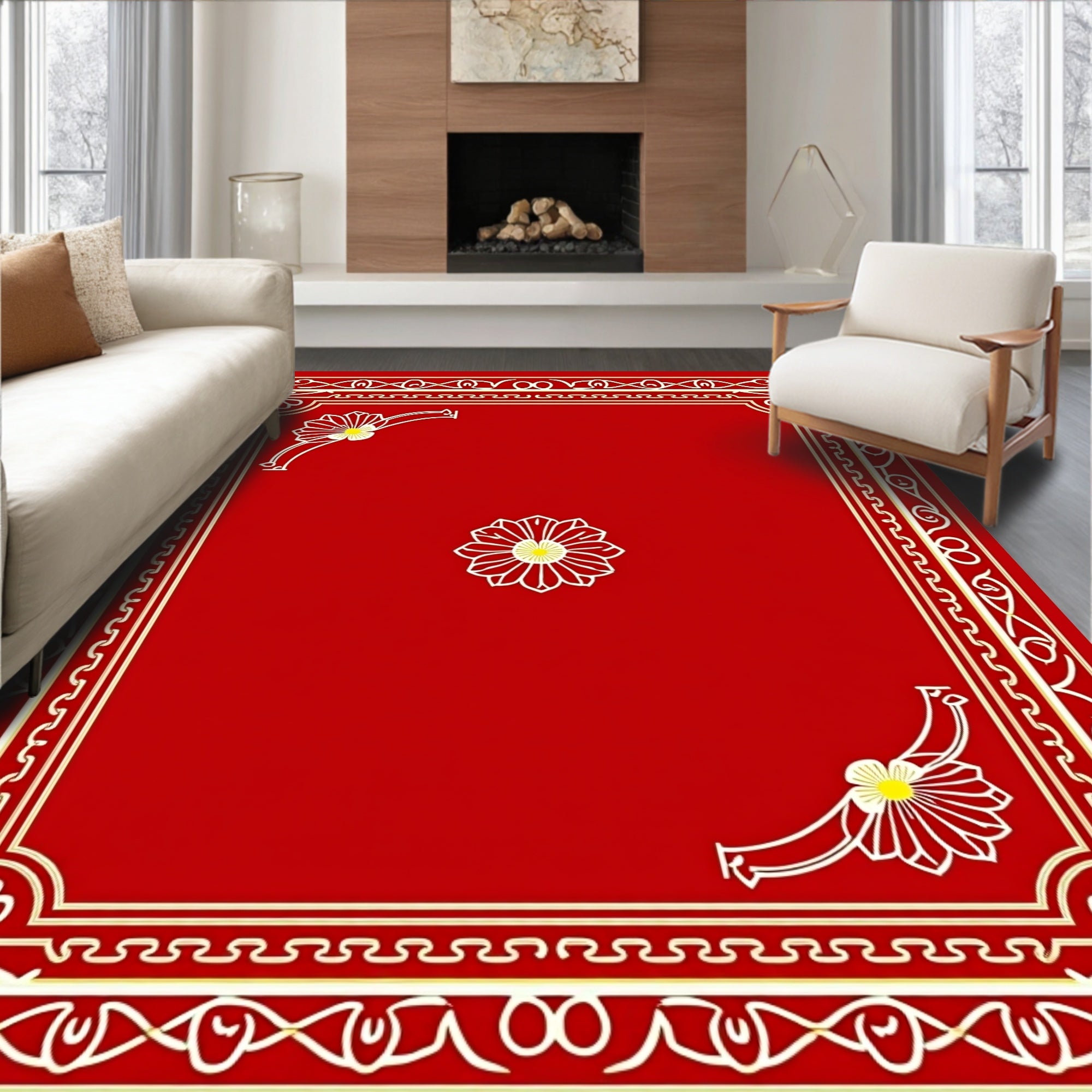 Vibrant Red Floral Medallion Rug