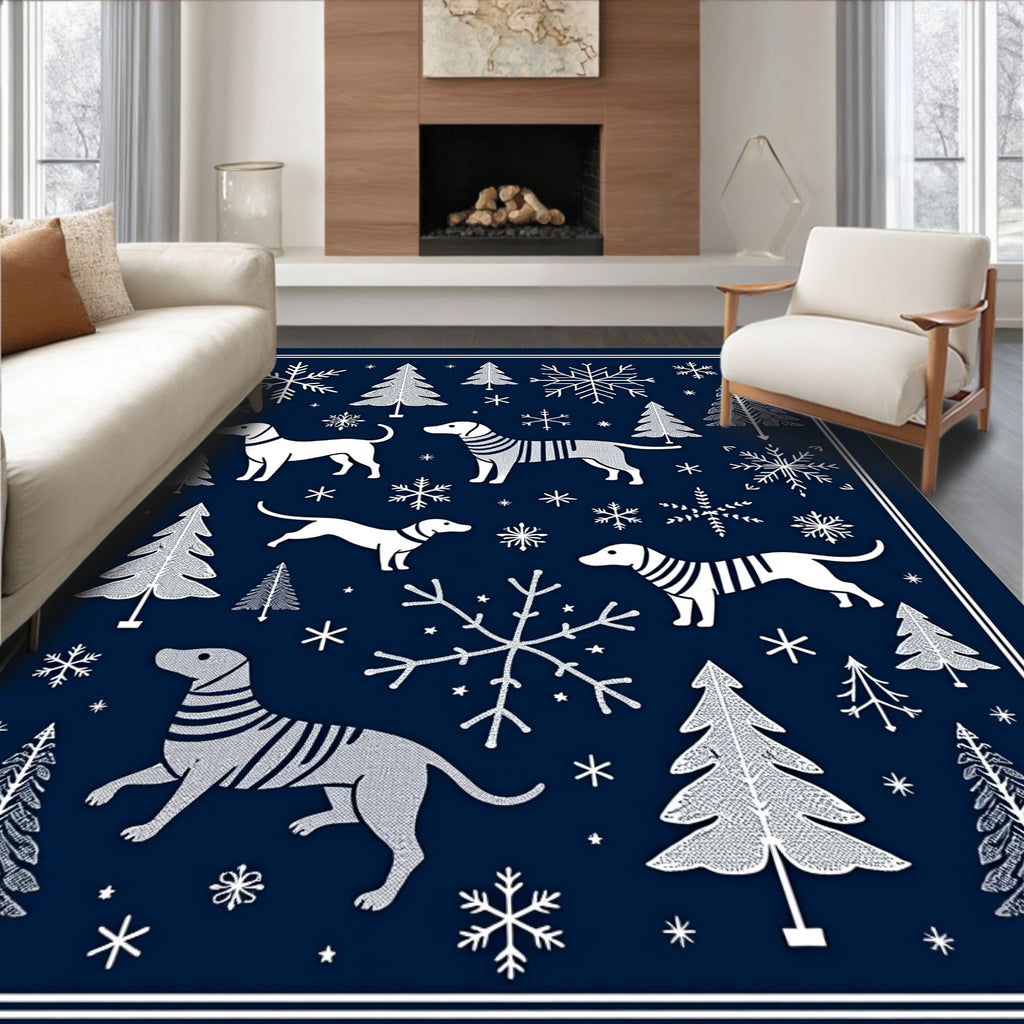 Winter Dogs Snowflakes Forest Scene Rug