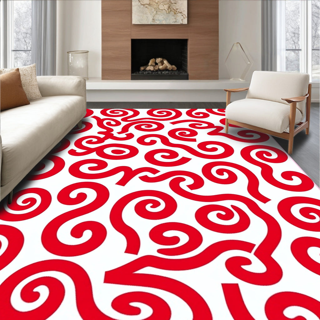 Bold Red Swirl Scroll Abstract Rug