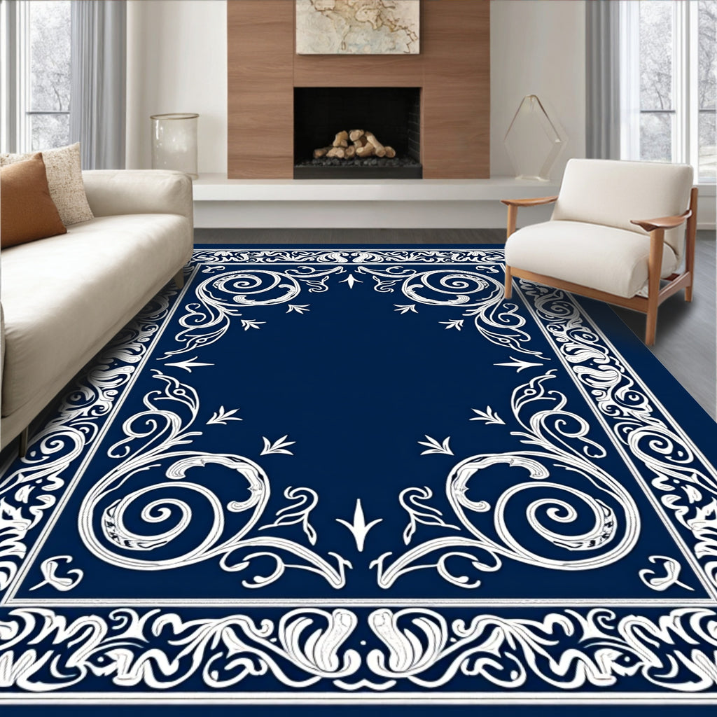 Intricate Navy White Floral Scrollwork Rug