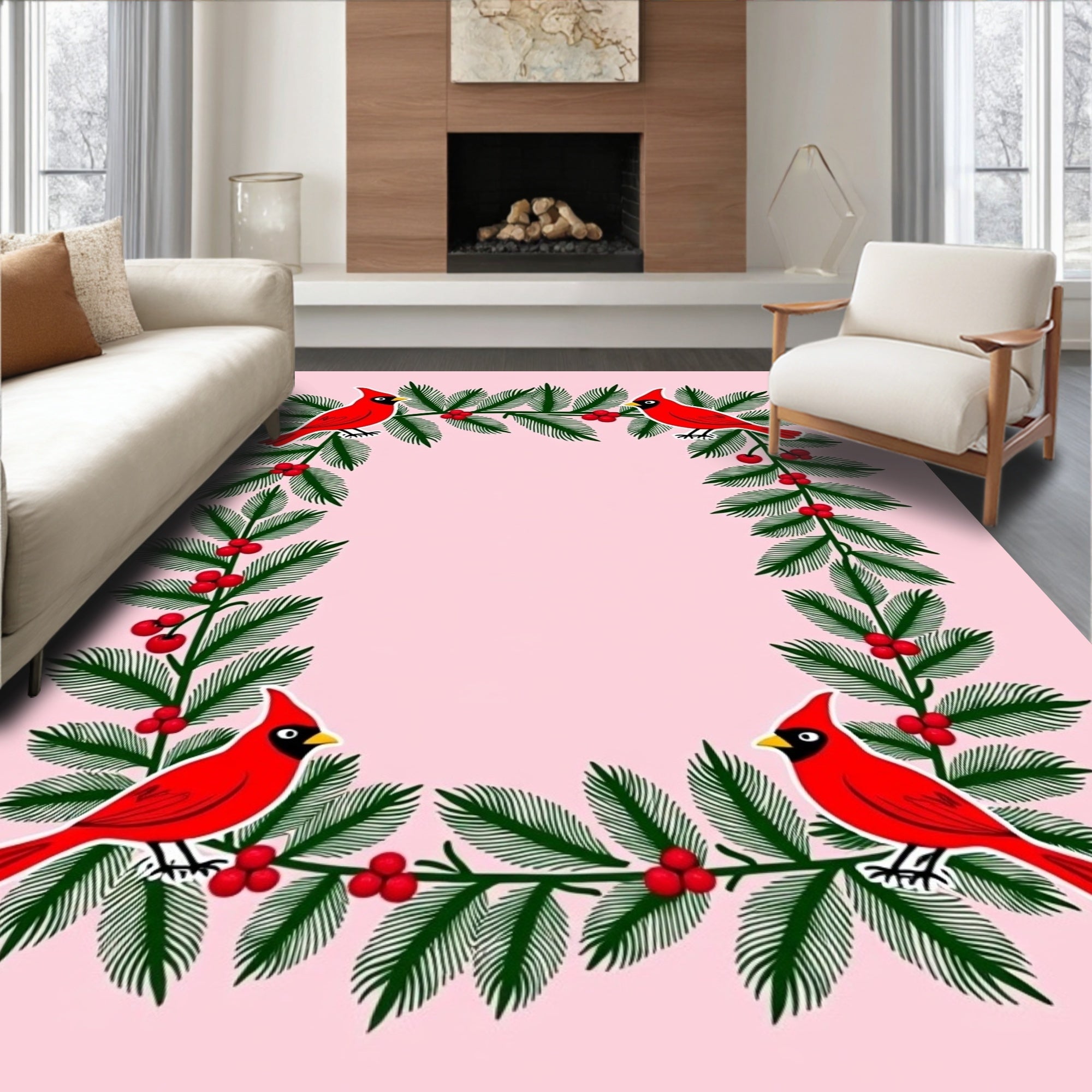 Crimson Cardinal Evergreen Garland Border Rug