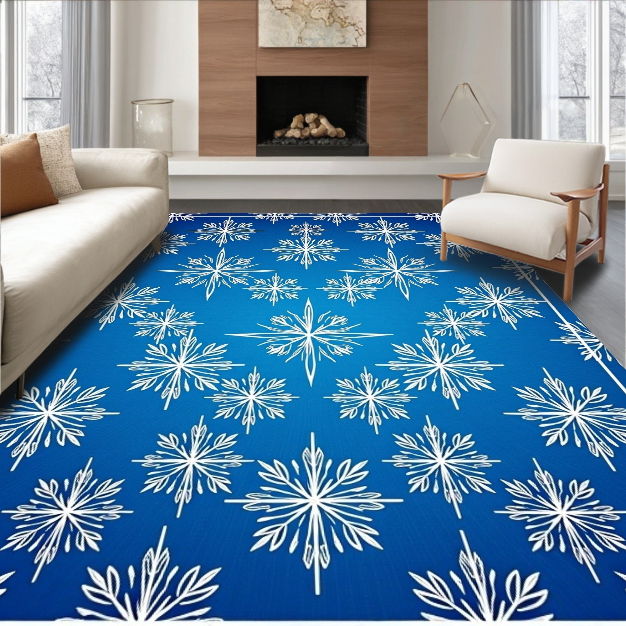 White Snowflake Radiance On Blue Gradient Rug