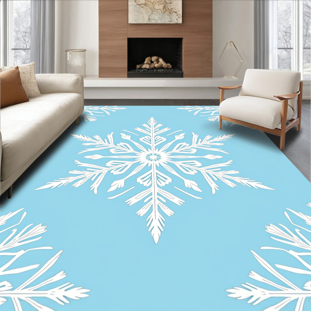 White Snowflake Blue Winter Repeat Rug