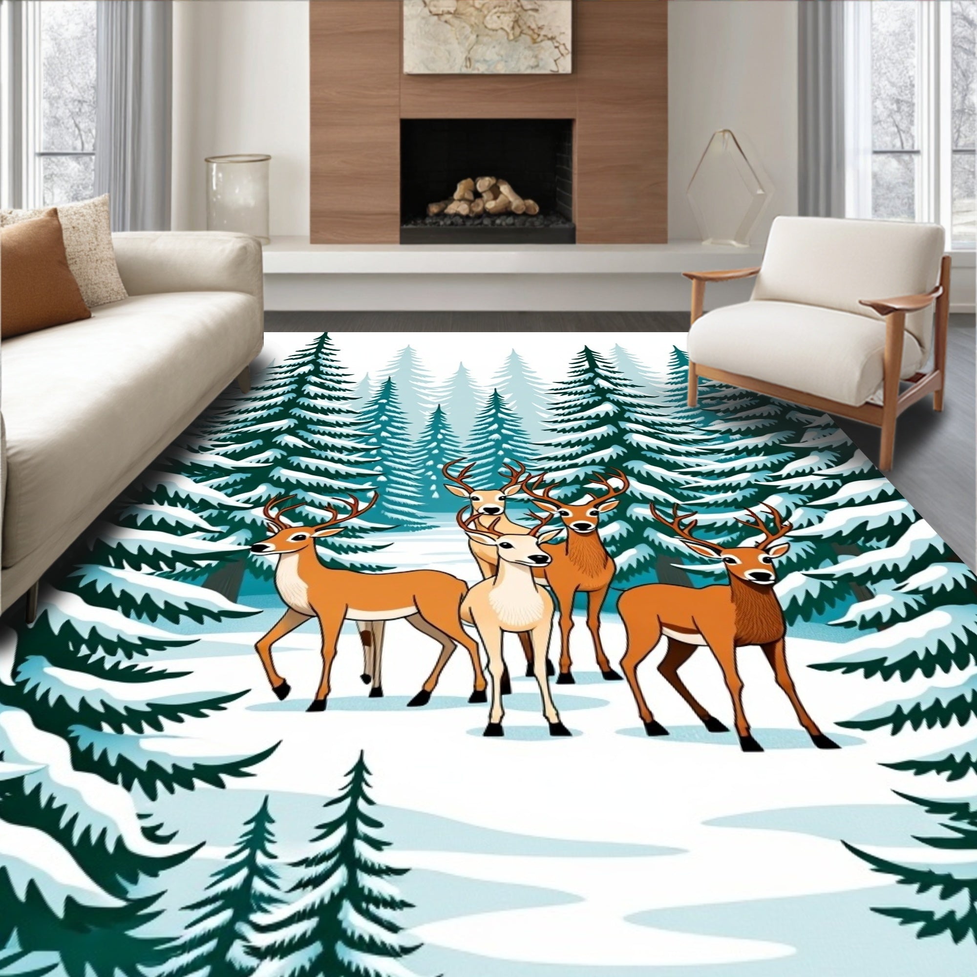 Winter Forest Deer Herd Rug