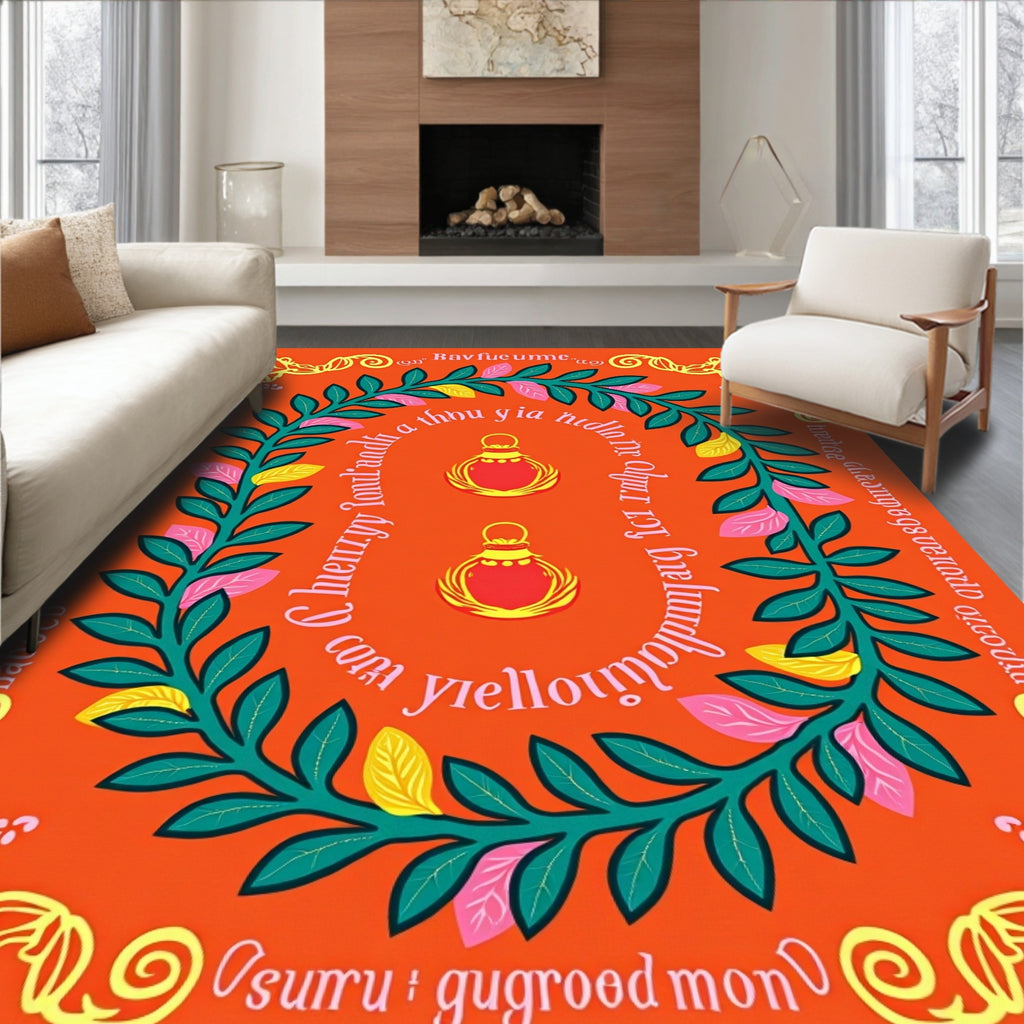 Orange Floral Lantern Laurel Wreath Rug