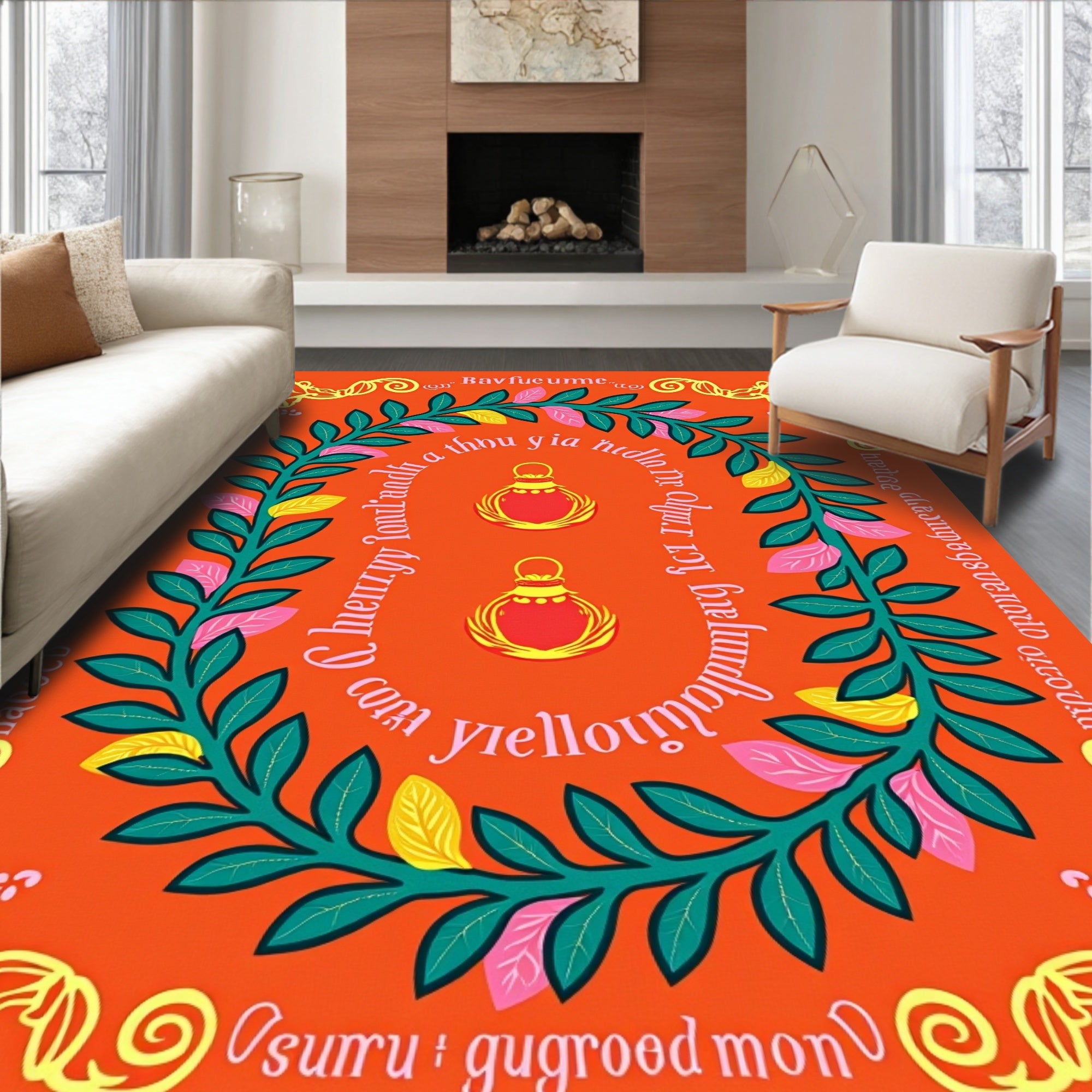 Orange Floral Lantern Laurel Wreath Rug