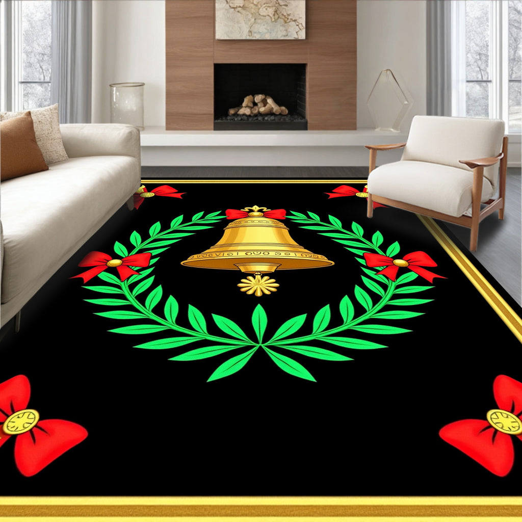 Golden Bell Wreath Red Bow Accents Rug