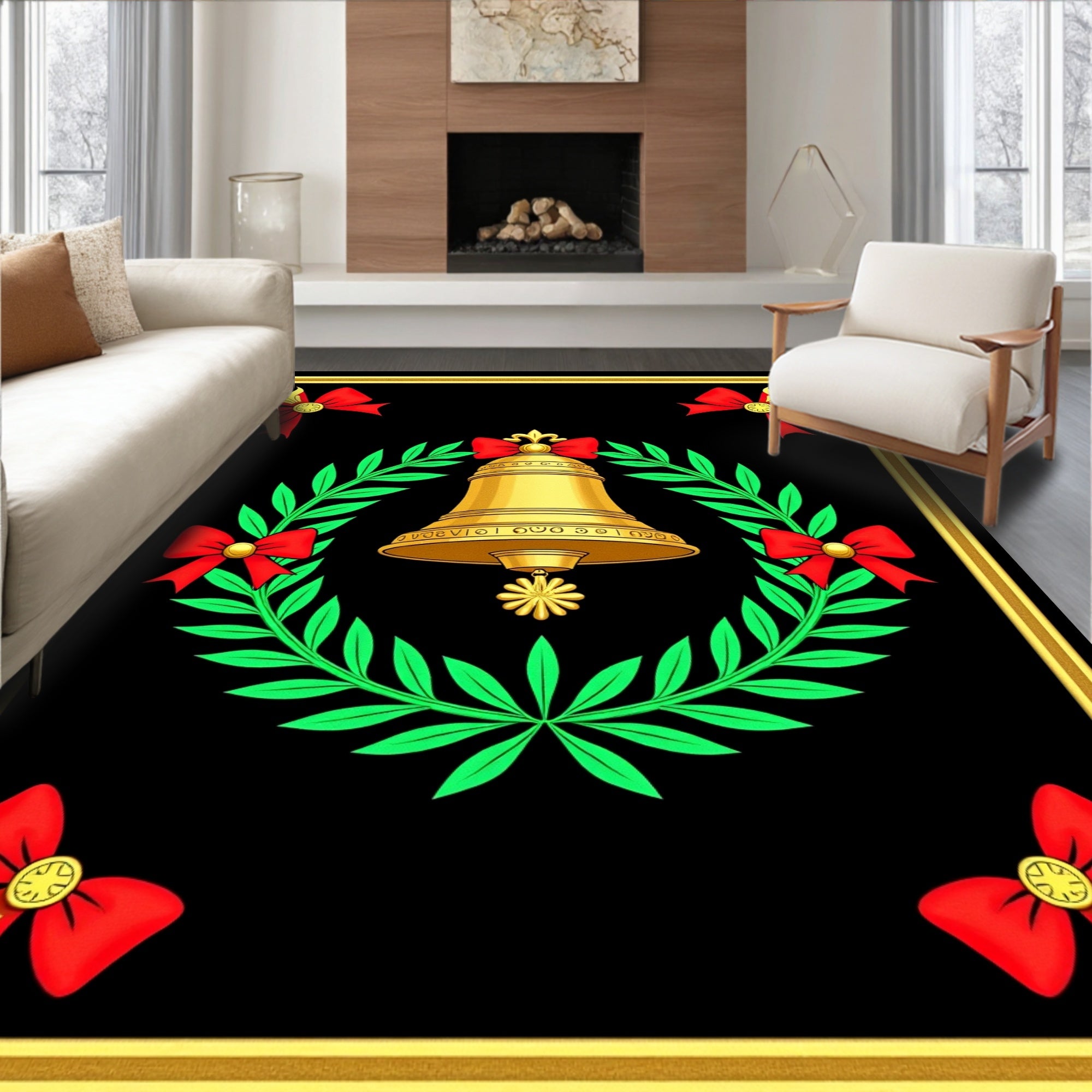 Golden Bell Wreath Red Bow Accents Rug