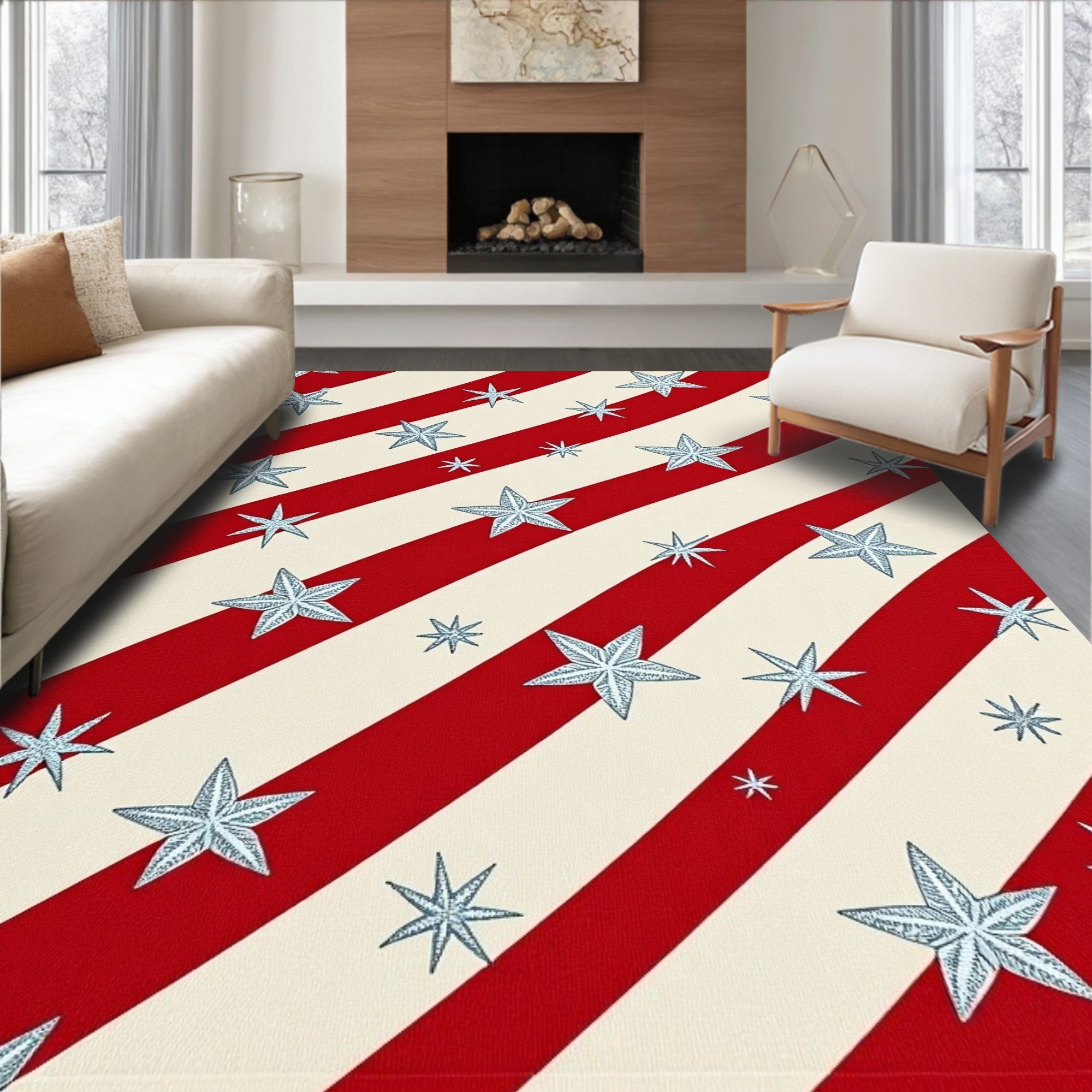Red White Striped Starburst Arrangement Rug