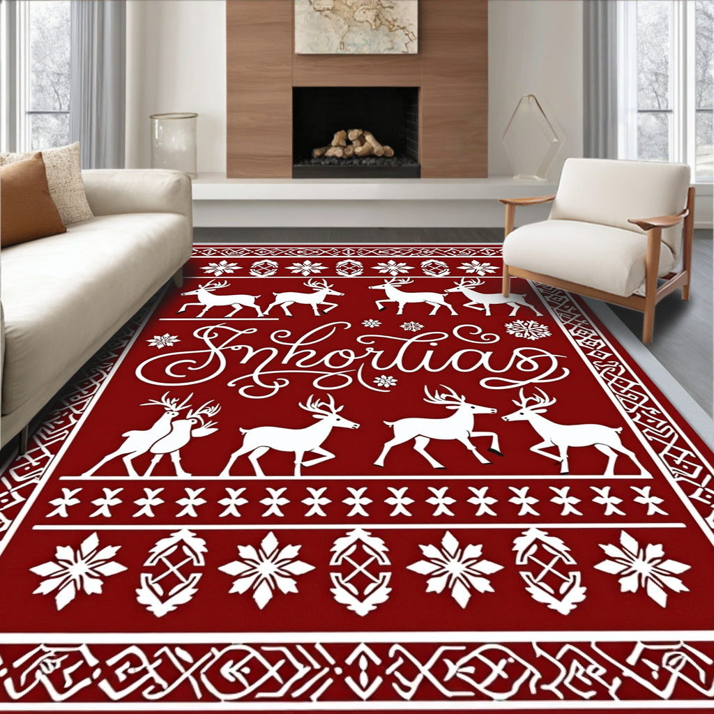 Crimson Reindeer Snowflake Holiday Scene Rug