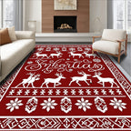 Crimson Reindeer Snowflake Holiday Scene Rug
