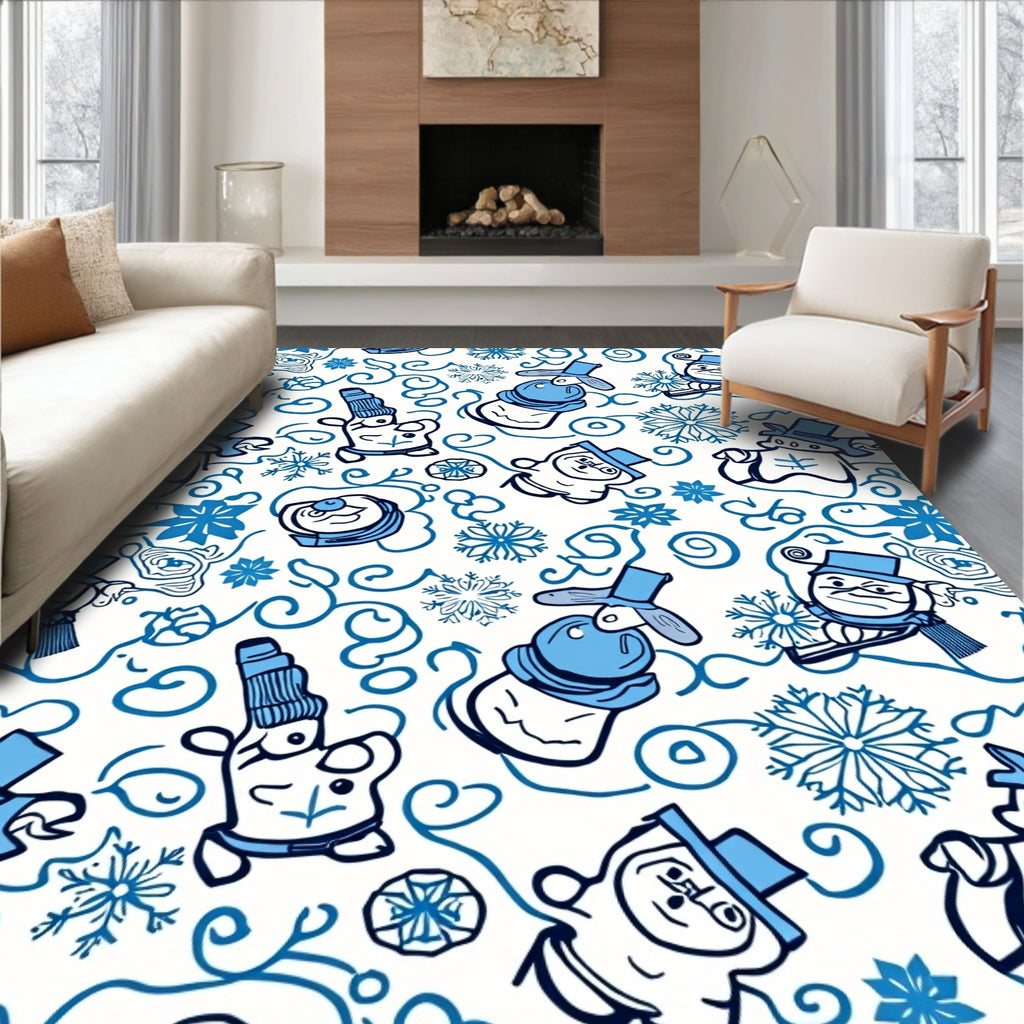 Whimsical Blue Snowman Swirls Rug