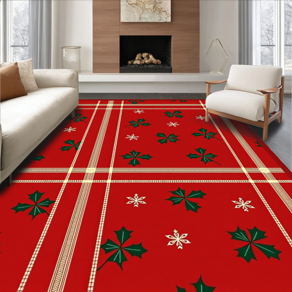 Red Holly Snowflake Plaid Rug